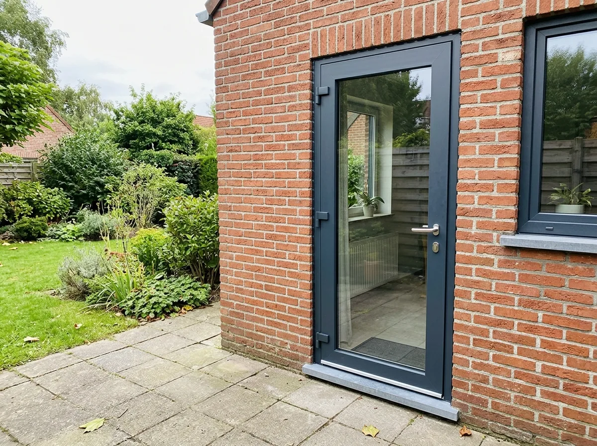 Moderne antracietkleurige aluminium schuifdeur, vakkundig geplaatst in bakstenen gevel