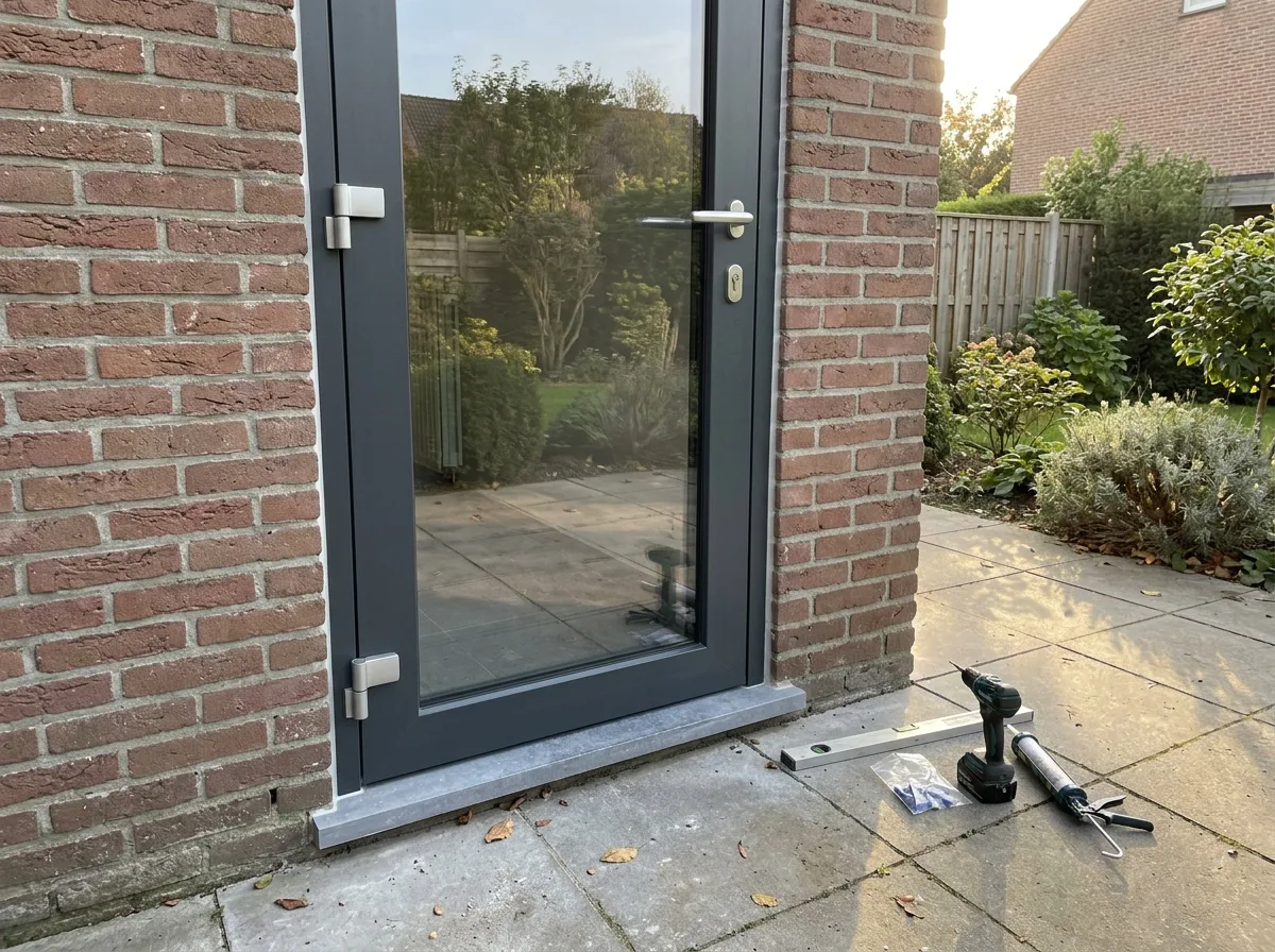 Zwarte aluminium schuiframen met breed glas in rode bakstenen gevel