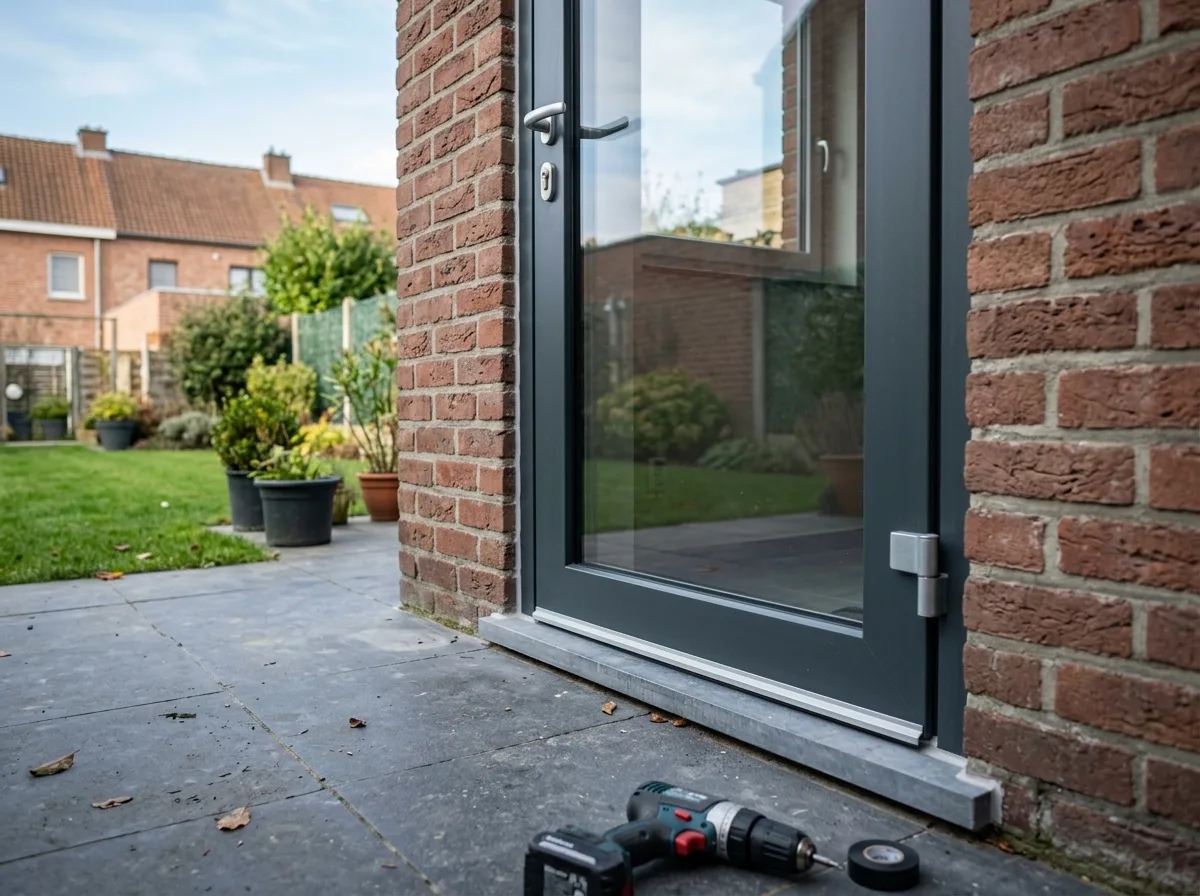 Aluminium schuiframen in antraciet met witte dorpel, geplaatst op bakstenen woning met terras en groene tuin