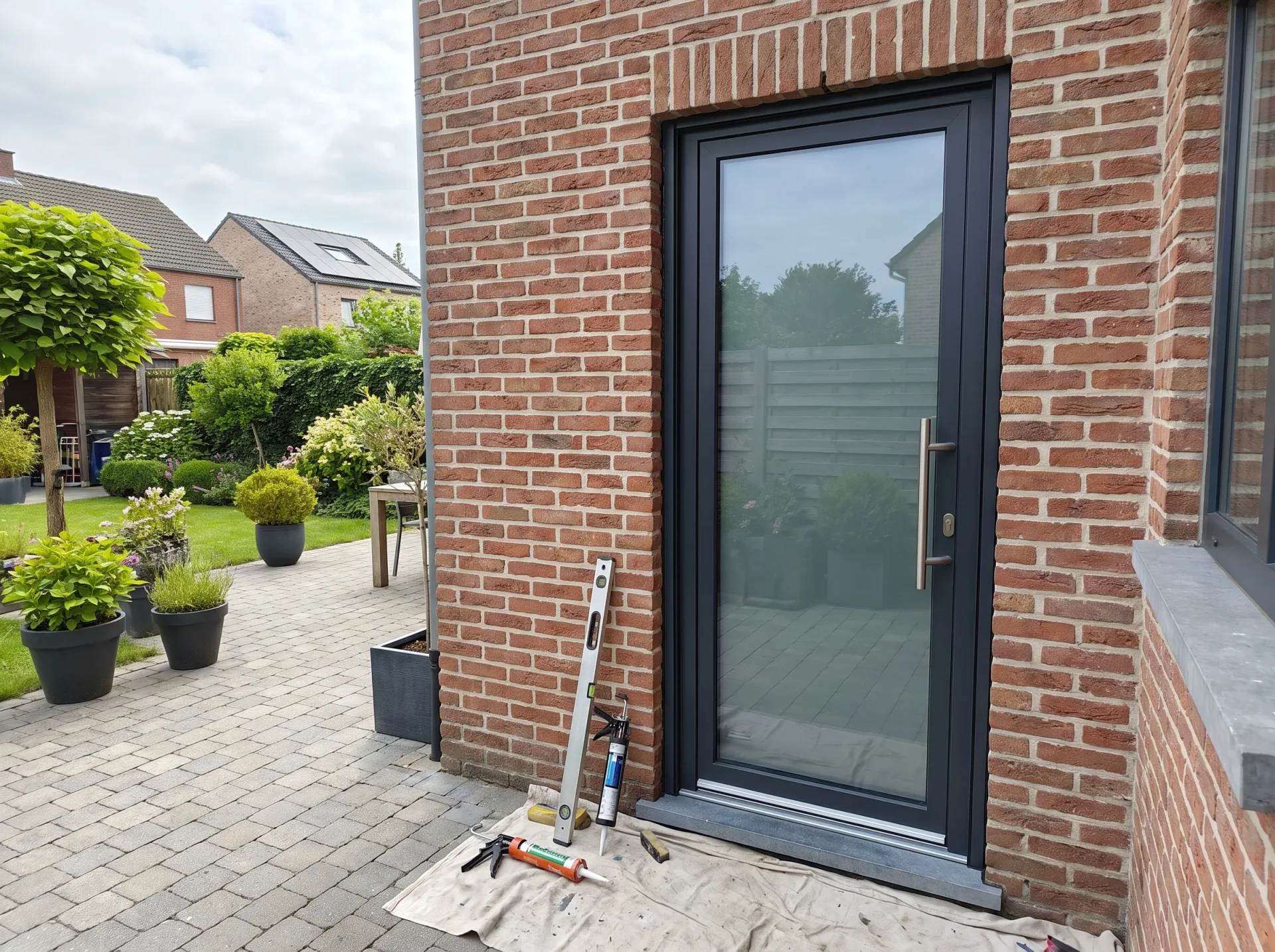 Zwarte aluminium glazen voordeur met dubbelglazing geïnstalleerd in bakstenen gevelwerk van woning