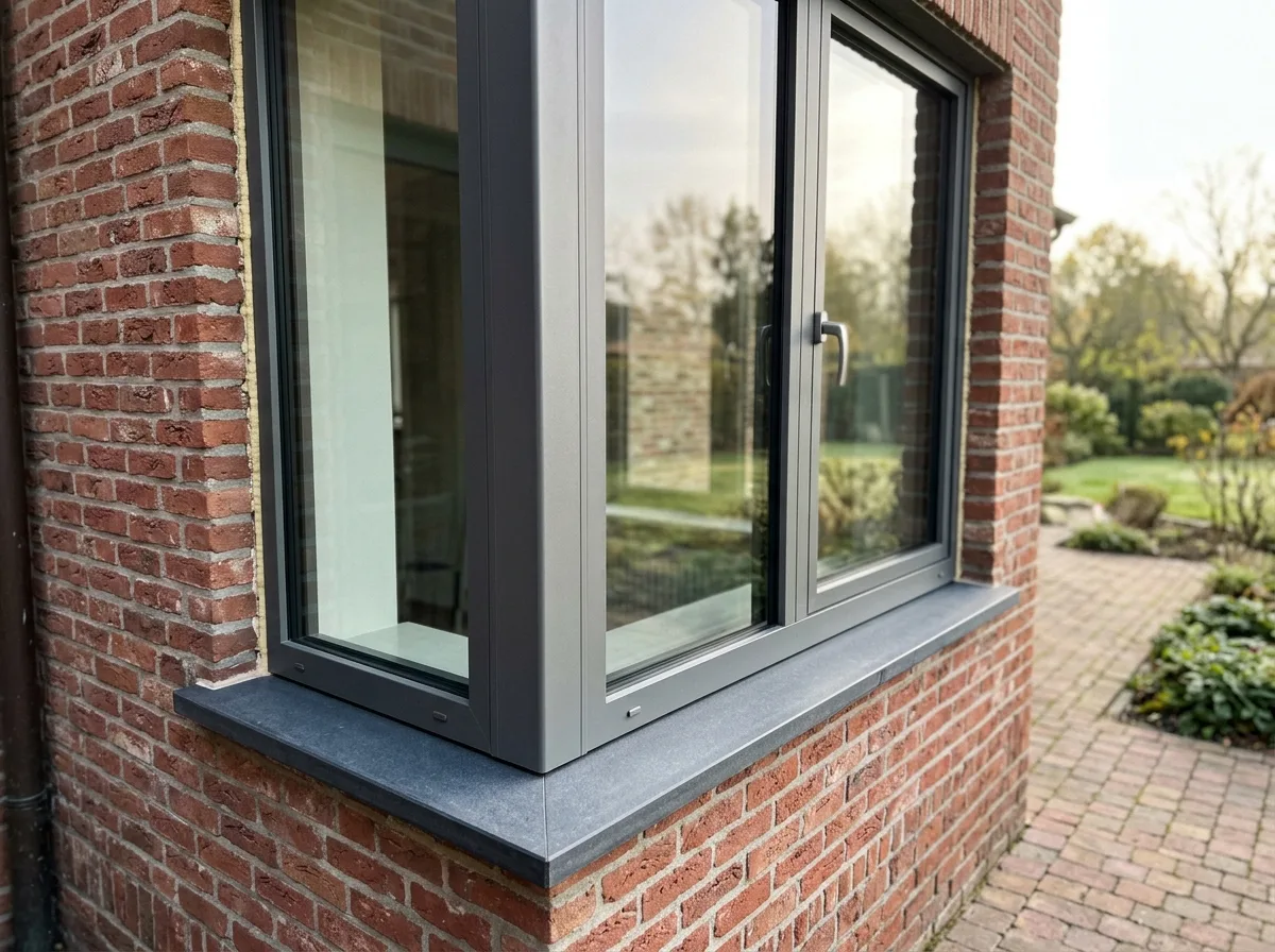 Aluminium ramen met zwarte profielen en dubbele beglazing, professioneel gemonteerd in bakstenen muur met grijze doroža