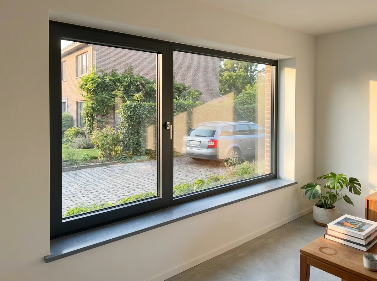Zwarte aluminium schuiframen met zicht op terras en oprit