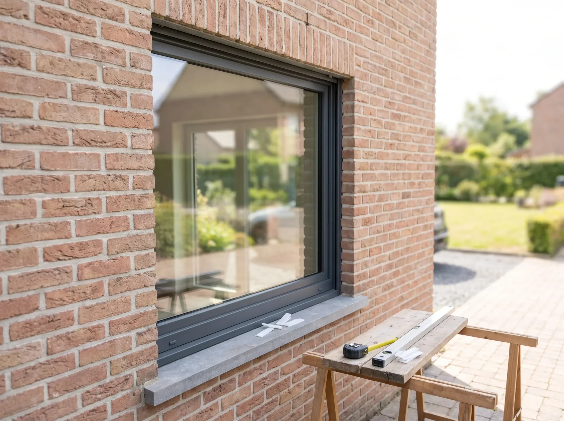 Aluminium raam met zwart profiel in bakstenen gevel en betonnen dorpel gemonteerd