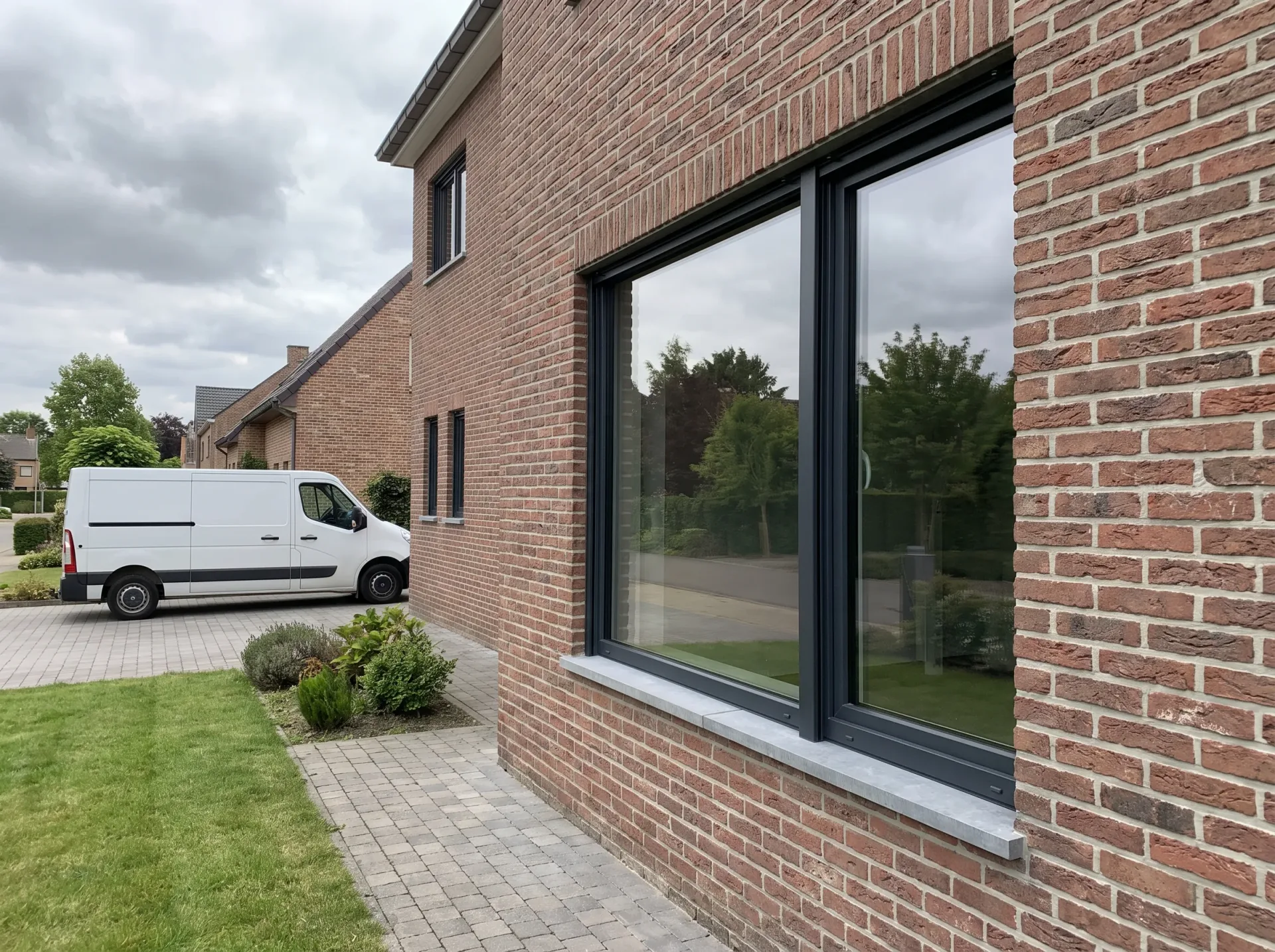 Grote aluminium ramen met zwarte profielen en witte dorpels in rode bakstenen gevel