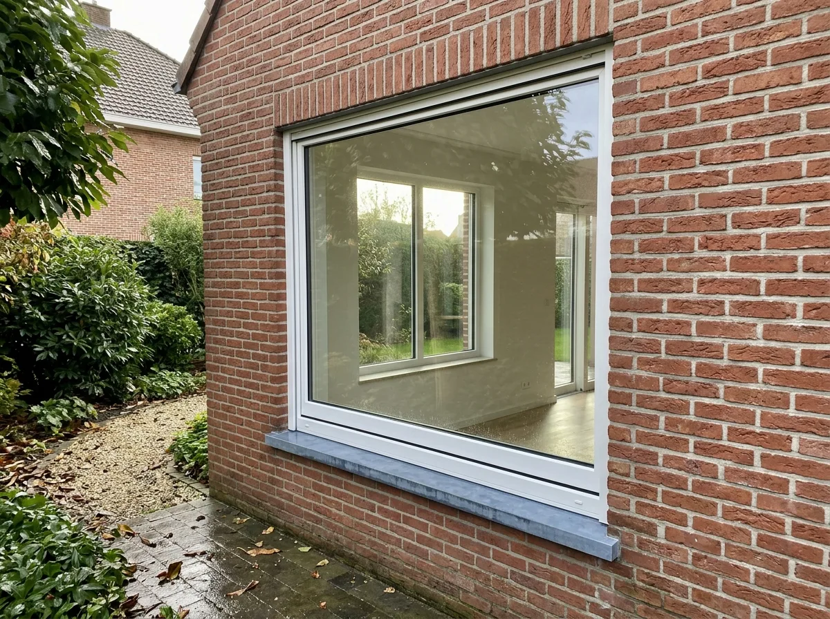 Groot schuifraam met donker frame in rode bakstenen muur met wit vensterbank