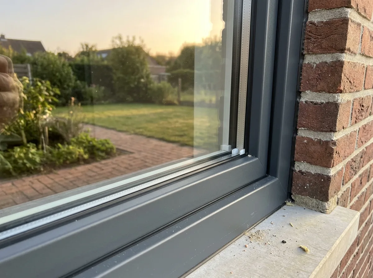 Aluminium raam met dubbele beglazing en parapetbank in bakstenen muur