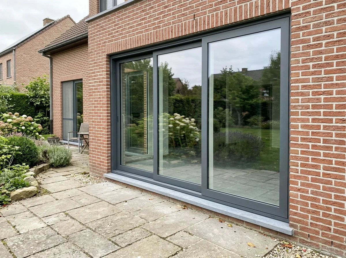 Grote aluminium schuiframen met zwarte kozijn geplaatst in bakstenen woning