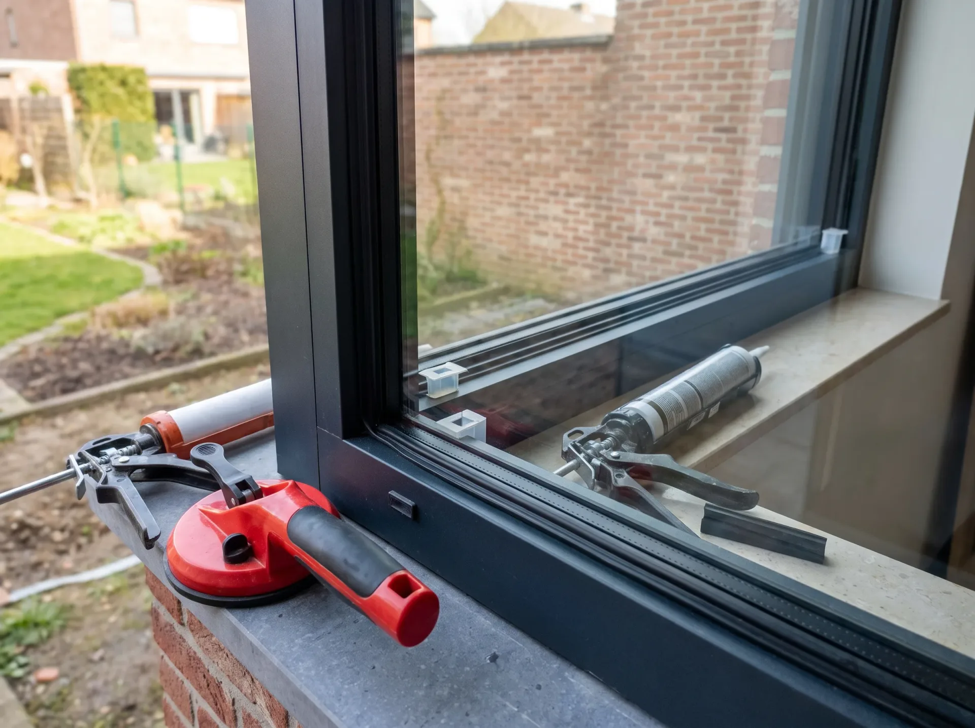 Installatie van aluminium raam met zwarte profielen, montagetools op cementvensterbank