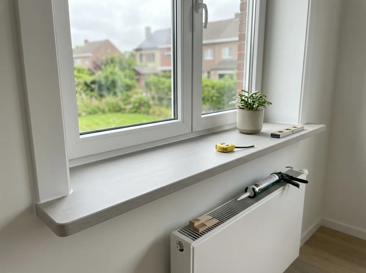 Witte PVC ramen met dubbele beglazing en binnenvensterbank, installatiewerkzaamheden zichtbaar