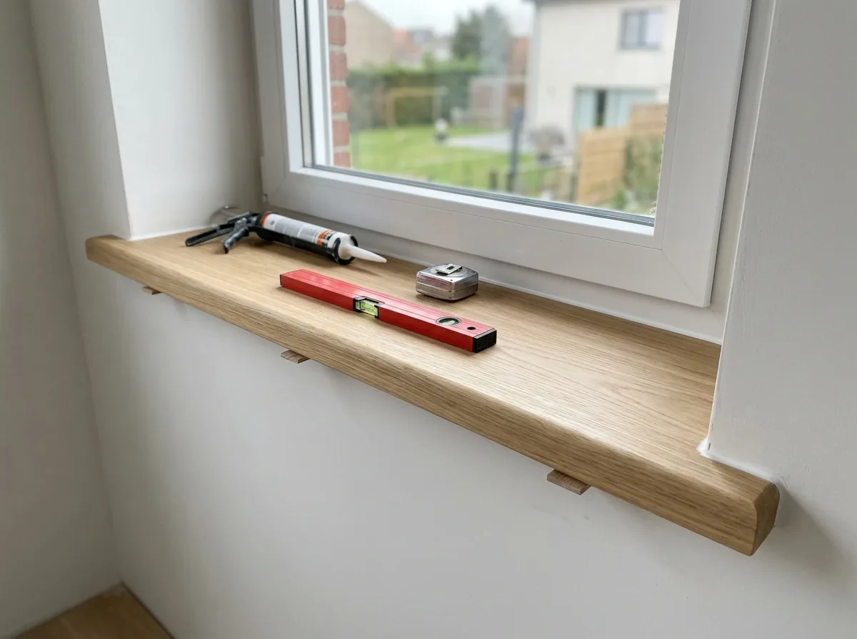Binnenvensterbank van hout in natuurlijke afwerking onder dubbel beglaagd raam
