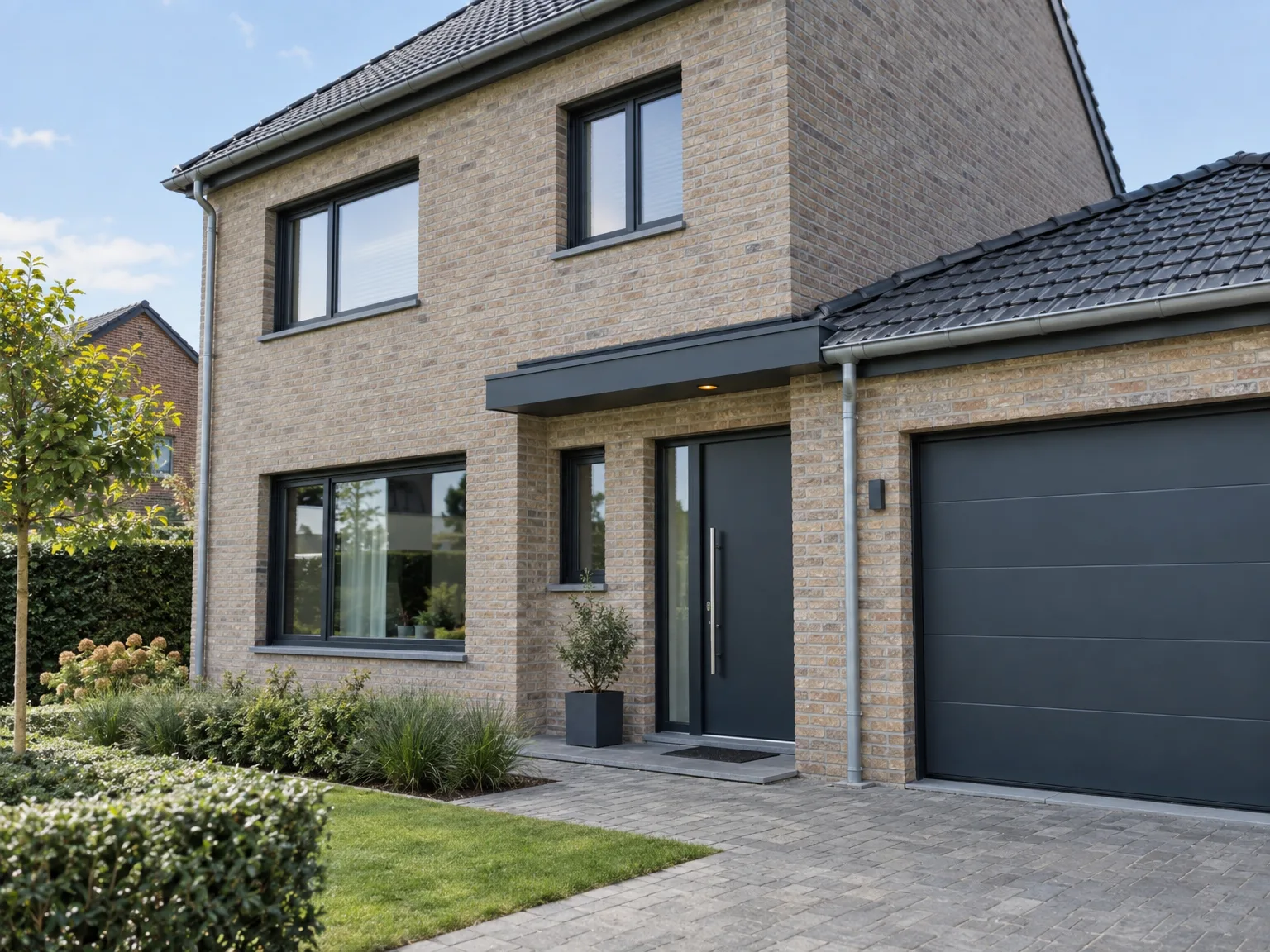 Moderne voordeur in zwart aluminium met grote raampartijen