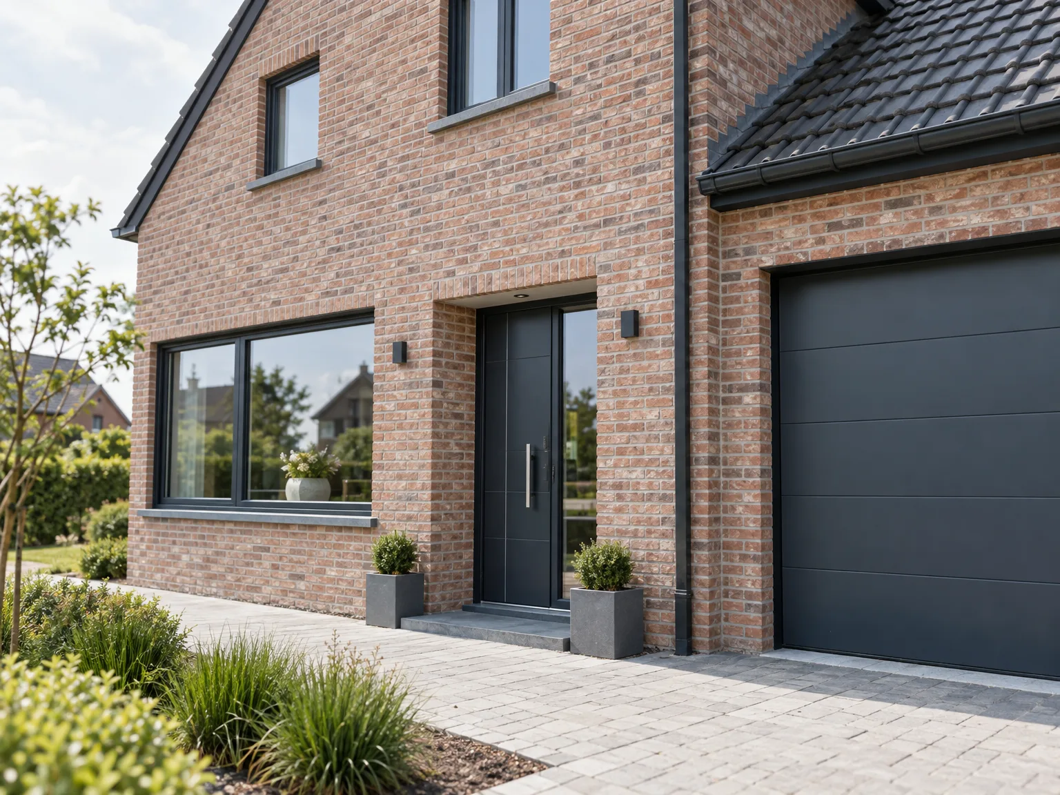 Czarne schuiframen i voordeuren in nieuwbouw met bakstenen gevel en sectionaalpoort