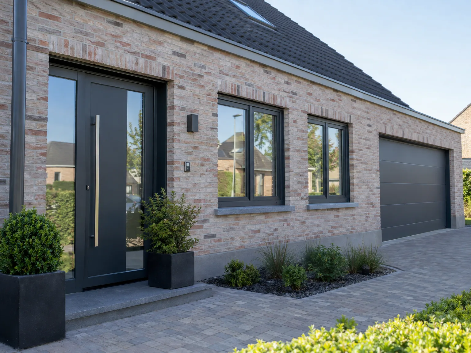 Moderne aluminium ramen en deur met zwarte profielen op bakstenen gevel