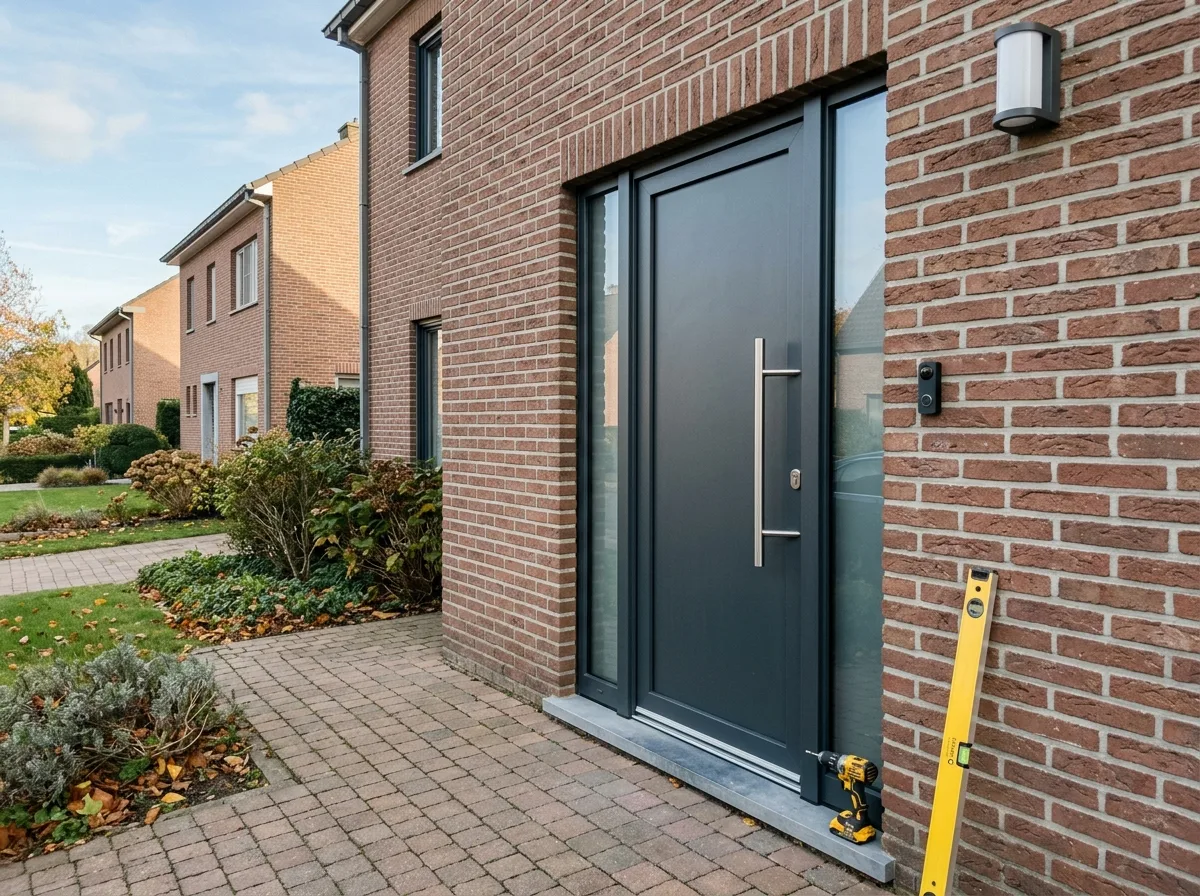 Schuiframen met donkergrijs profiel in bakstenen gevelwand