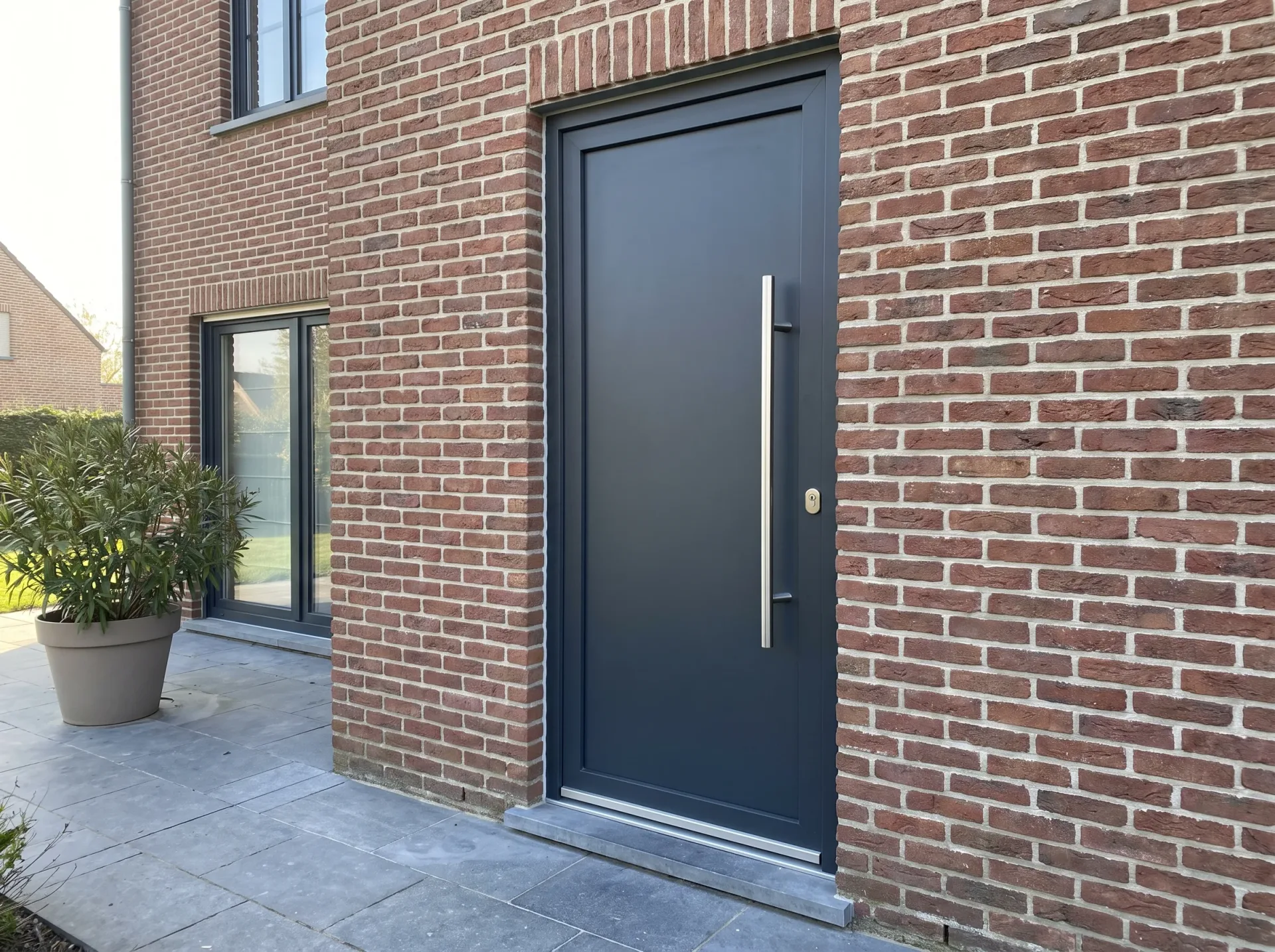 Elegante zwarte voordeur met aluminium details op rode bakstenen gevel