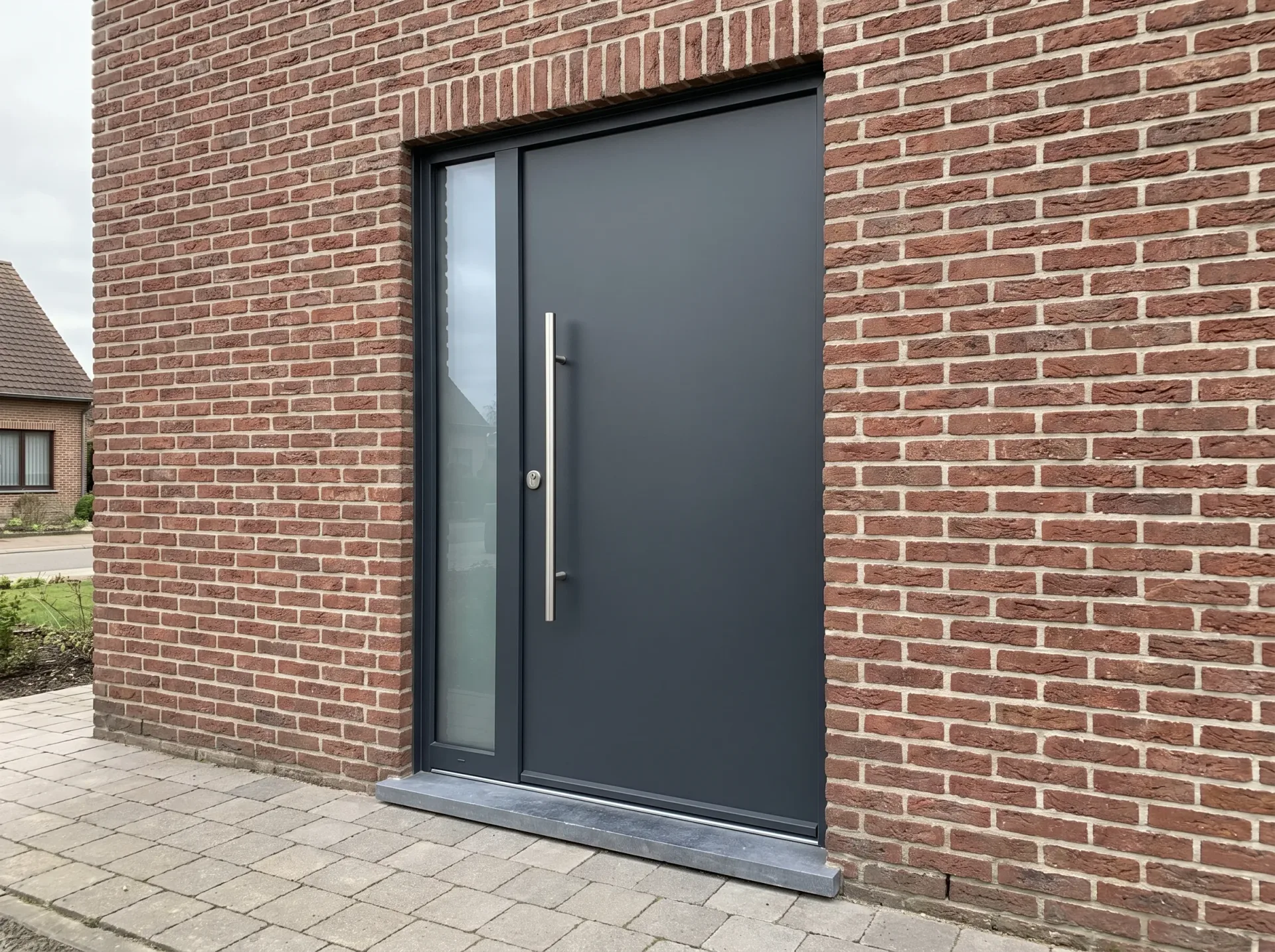 Moderne zwarte voordeur in aluminium op baksteenen gevel met glazen bovenligger