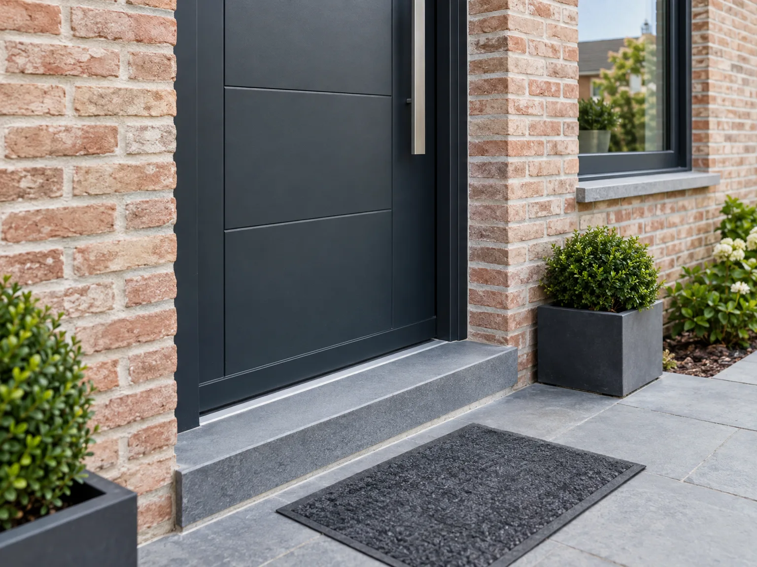 Zwarte voordeur in aluminium met grijze dorpel in bakstenen gevel en terras