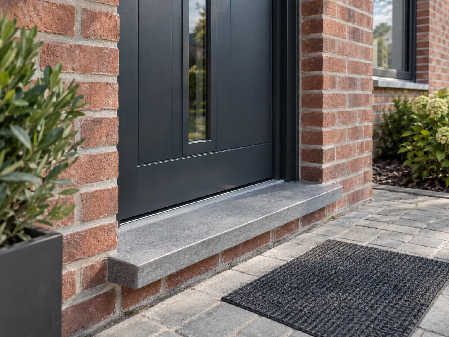 Zwarte aluminium voordeur op rode bakstenen muur met grijs dorpel en natuurstenen aanlegpad