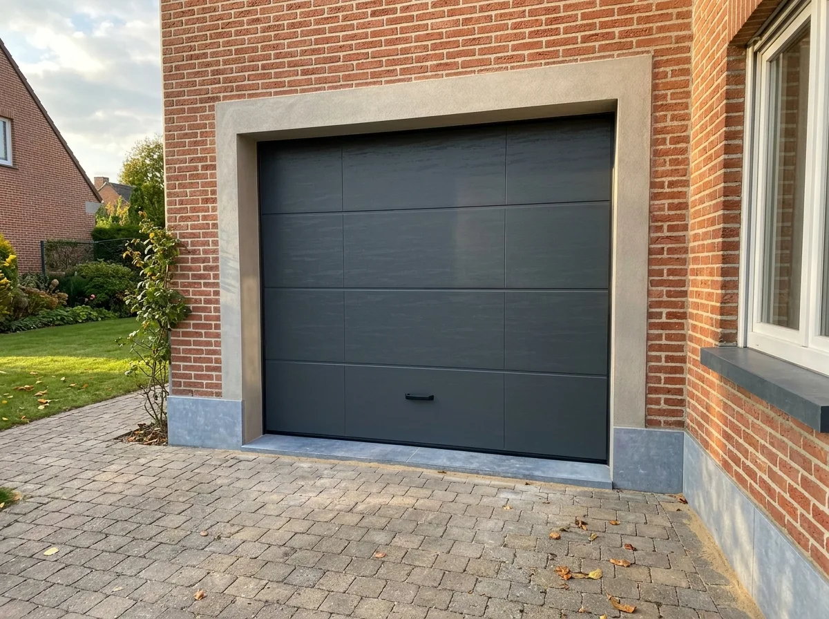 Zwarte sectionaalgaragepoort geïnstalleerd in rode bakstenen gevel