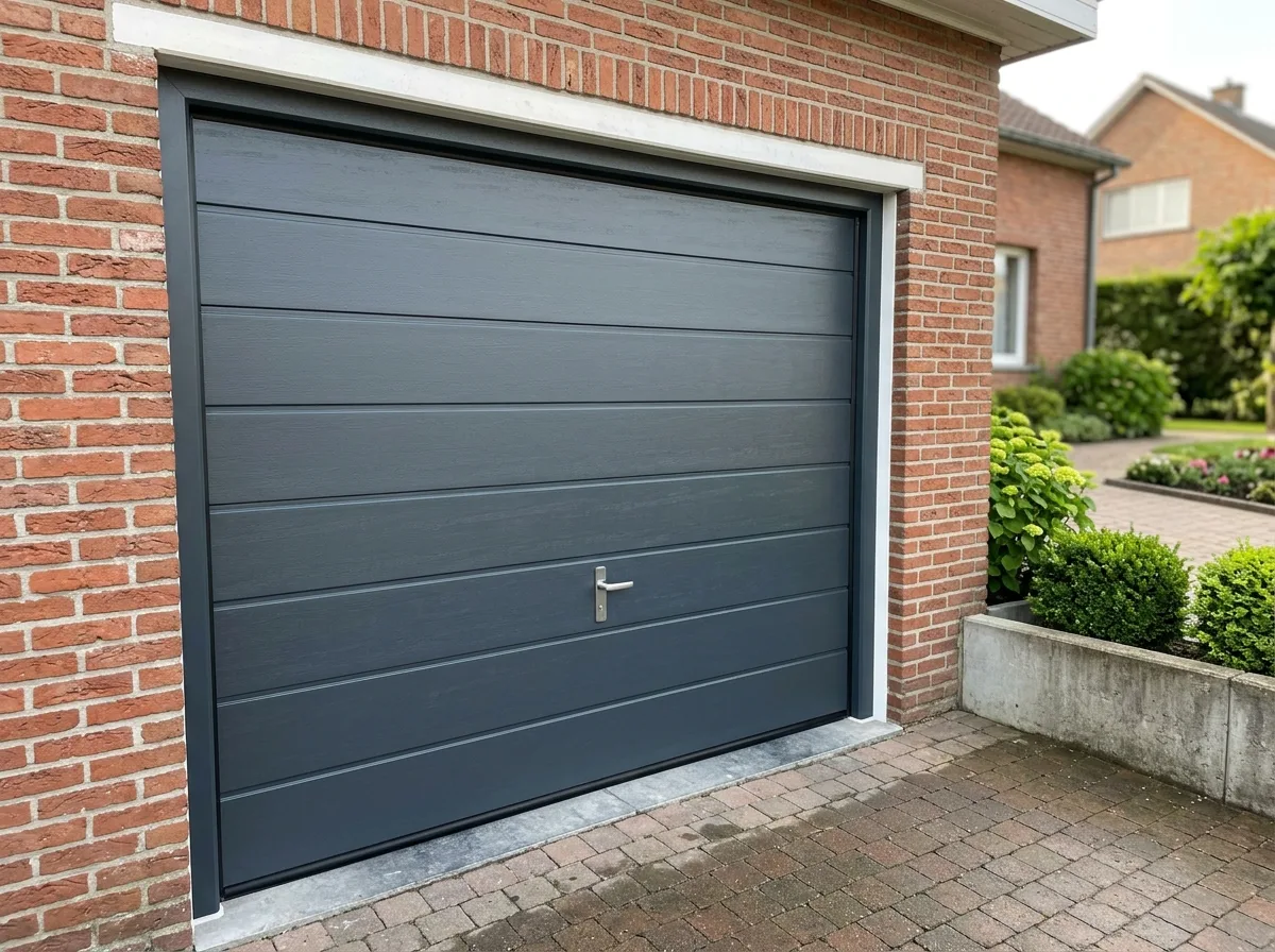 Moderne grijze sectionaaldeur garagepoort geïnstalleerd aan woning