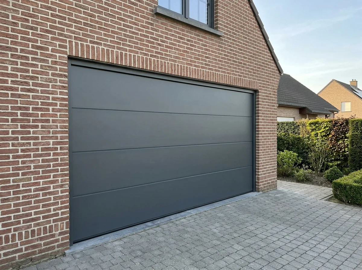 Moderne sectionaalpoort in antraciet-grijs met panelen, gemonteerd in bakstenen gevel van nieuwbouw woning