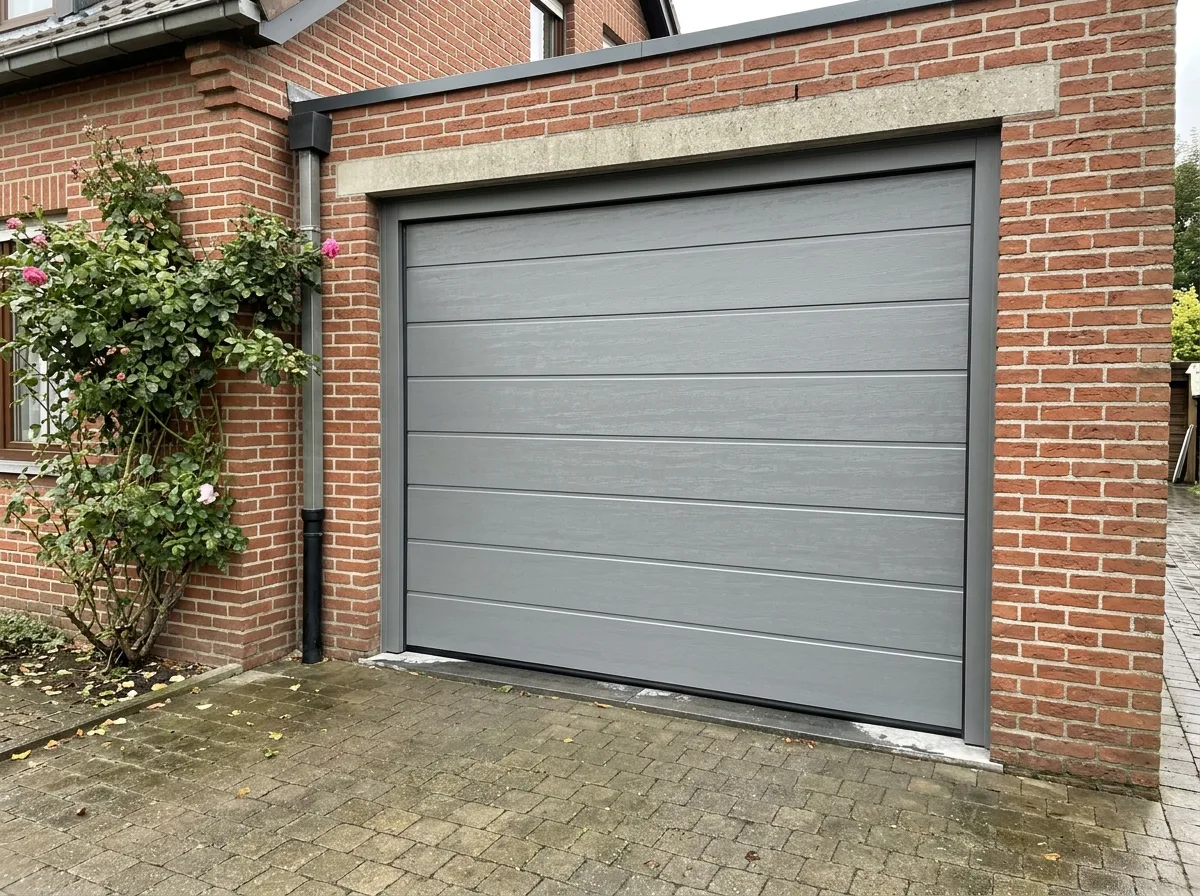 Grijze sectionaalgaragepoort geplaatst in rode bakstenen muur met grijze dorpel