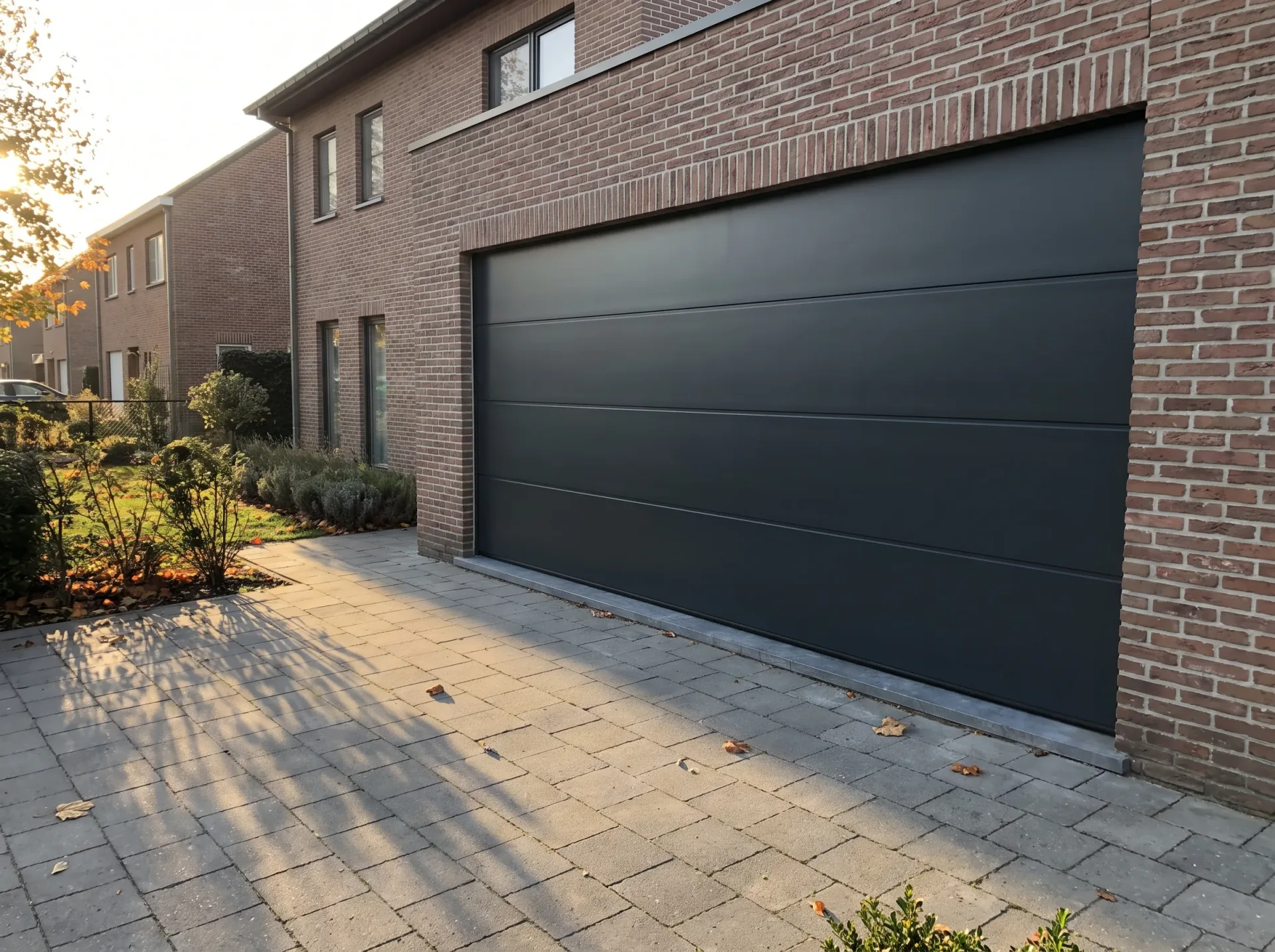 Zwarte sectionaaldeur voor garage tegen bakstenen gevel van modern huis met verzorgde voortuin