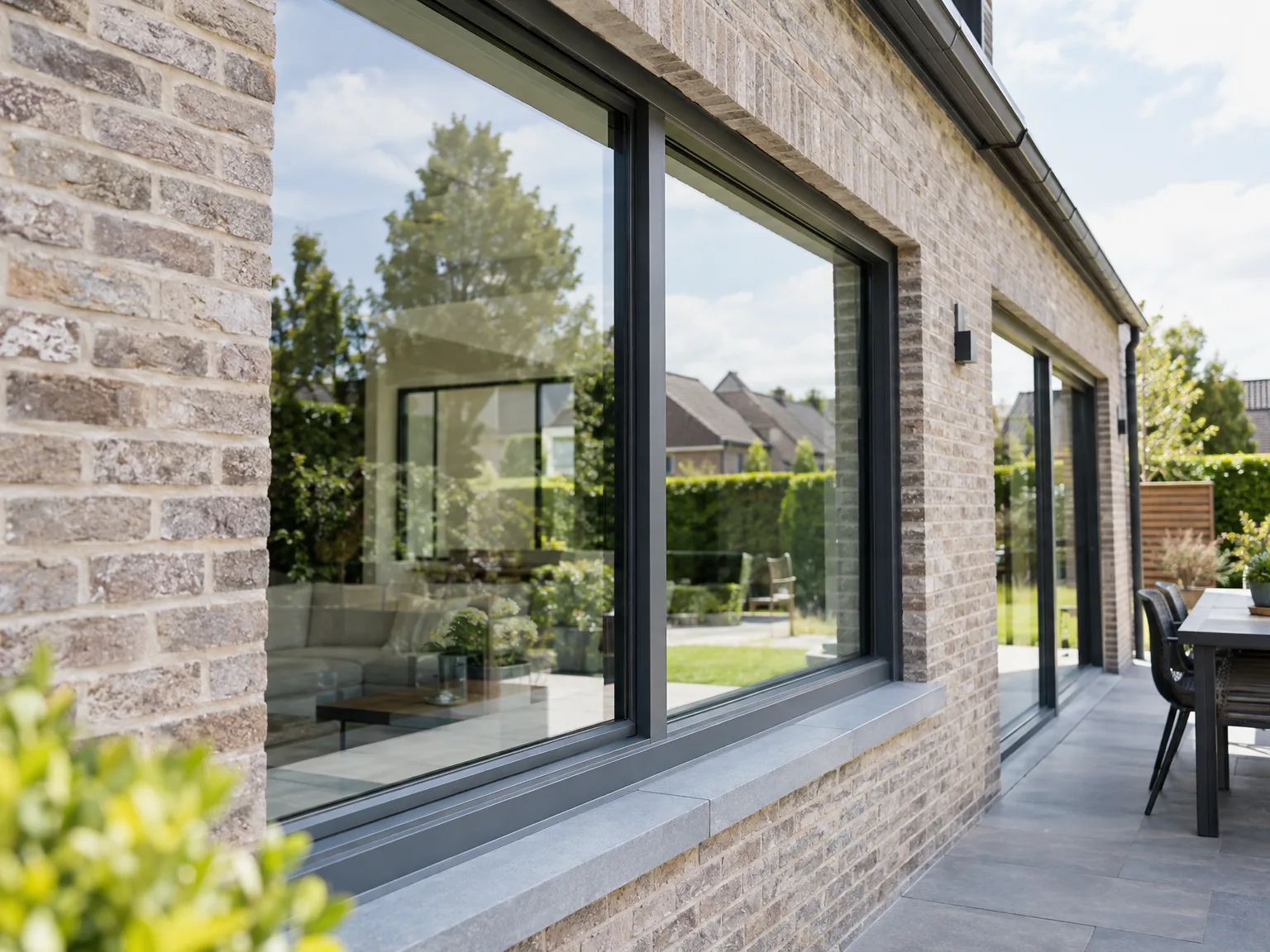 Grote aluminium schuiframen met zwart profiel geplaatst in bakstenen woning, uitzicht op tuin