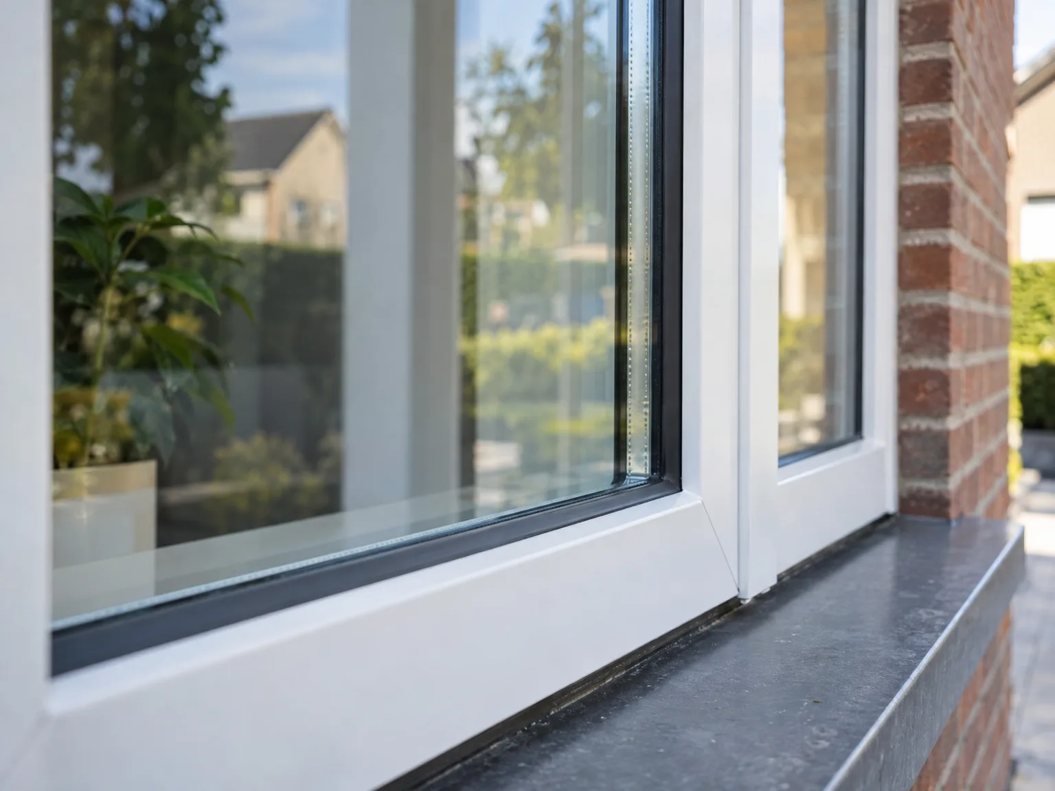 Wit PVC raam met dubbele beglazing en zwarte bieżni, binnenaanzicht met tuinzicht