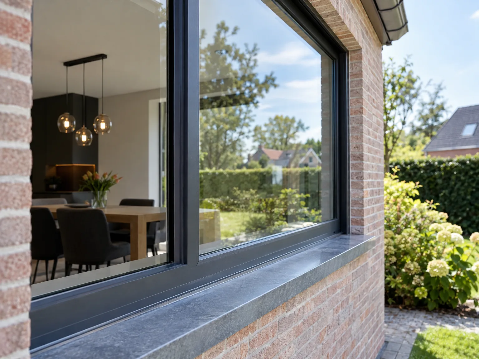 Groot aluminium raam met zwart profiel en grijze buitenvensterbank in bakstenen woning