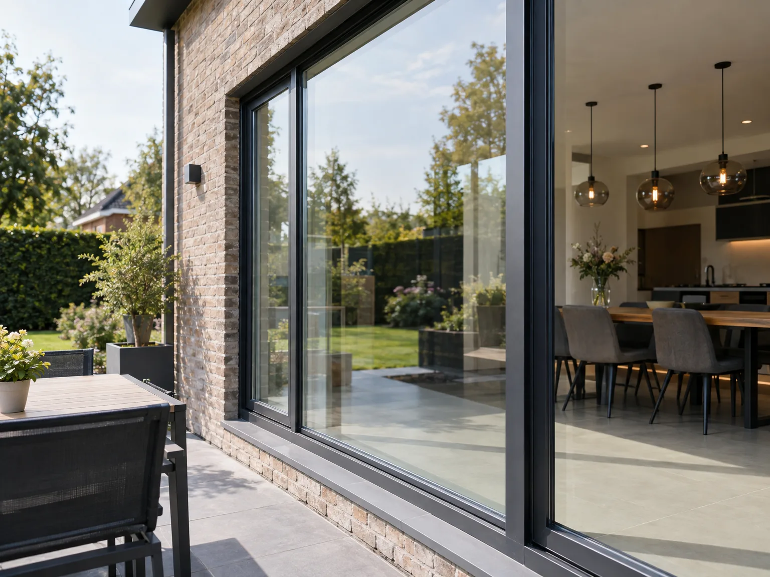 Grote schuiframen in aluminium met dubbele beglazing verbinden woonkamer met terras