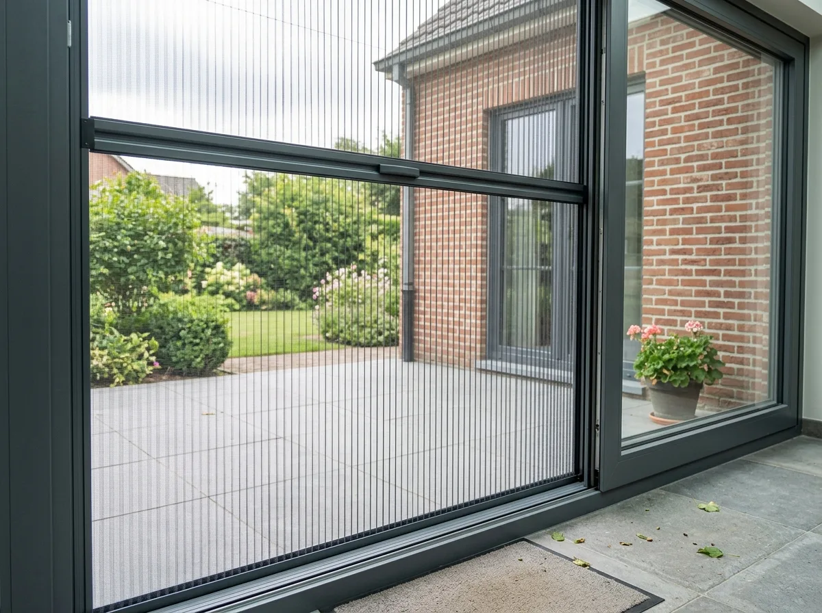 Aluminium schuiframen met insectenscherm, uitzicht op de achtertuin