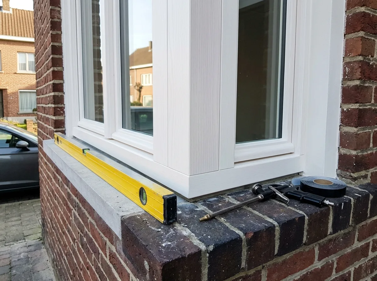 PVC ramen vervangen in bakstenen muur - installatie met waterpas en gereedschap