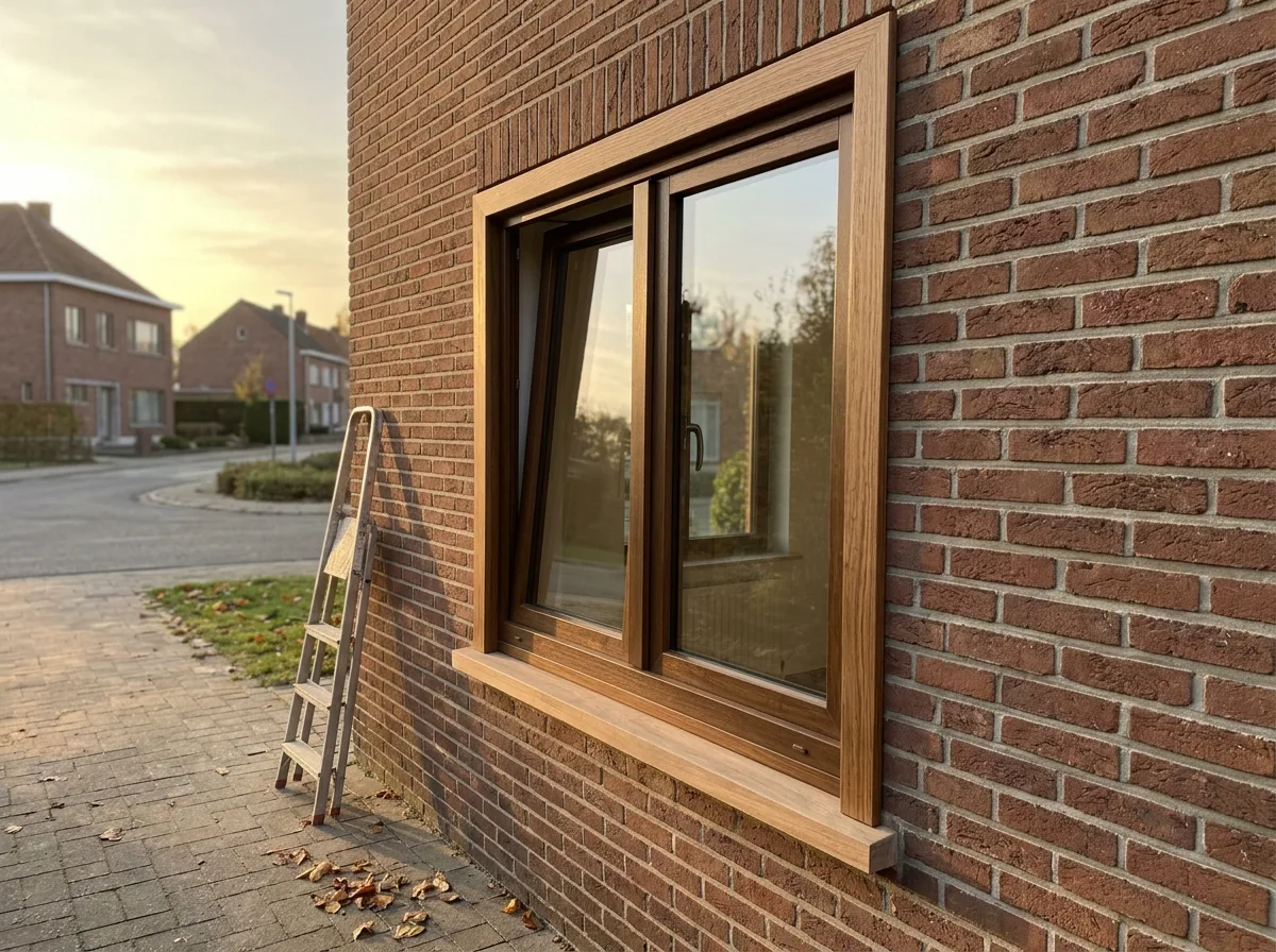 Houten ramen met beglazing in baksteenwerk, vers geïnstalleerd met houten dorpel