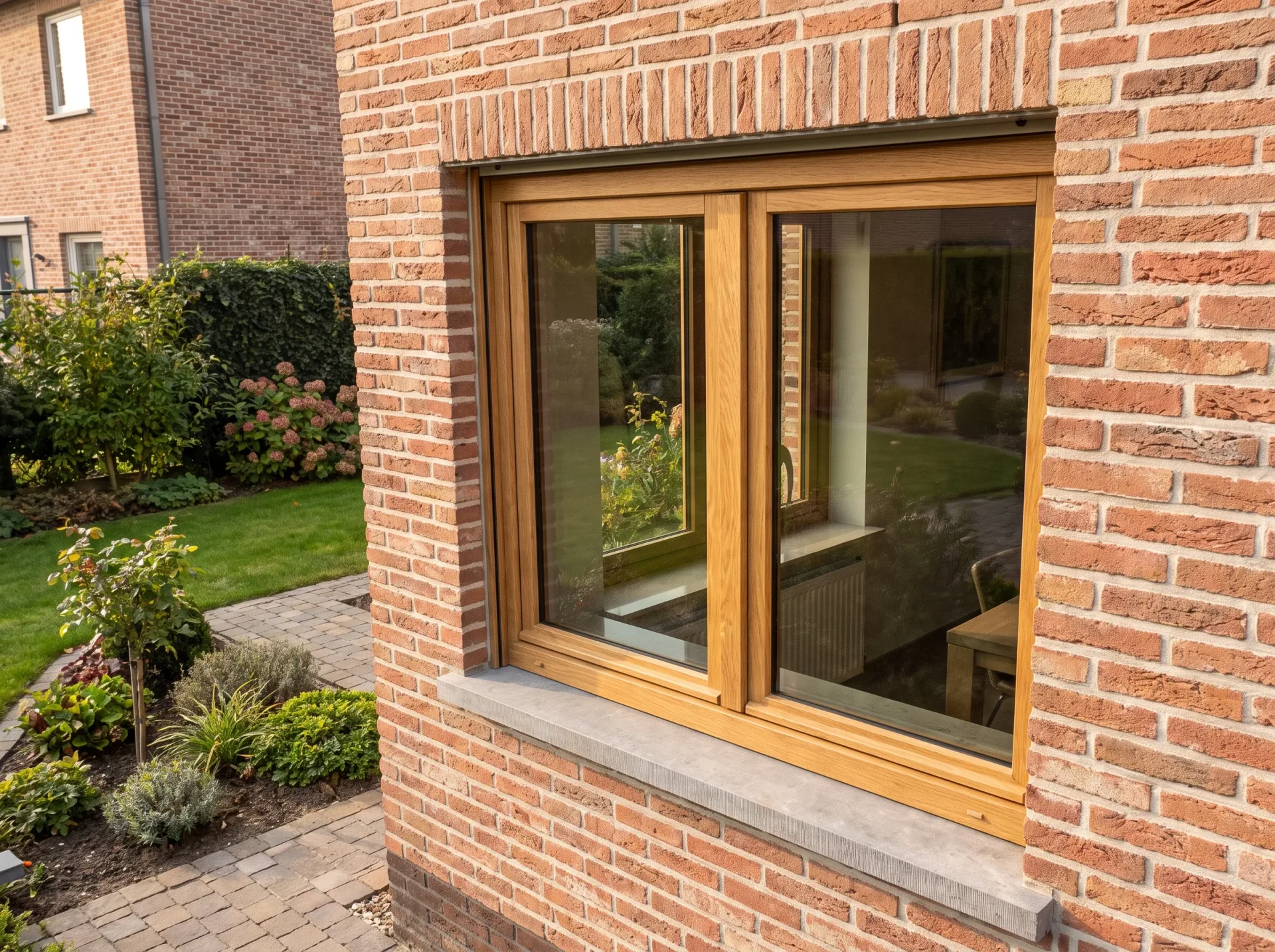 Grote houten schuiframen met dubbele beglazing en buitenvensterbankę geplaatst in rode baksteengevel