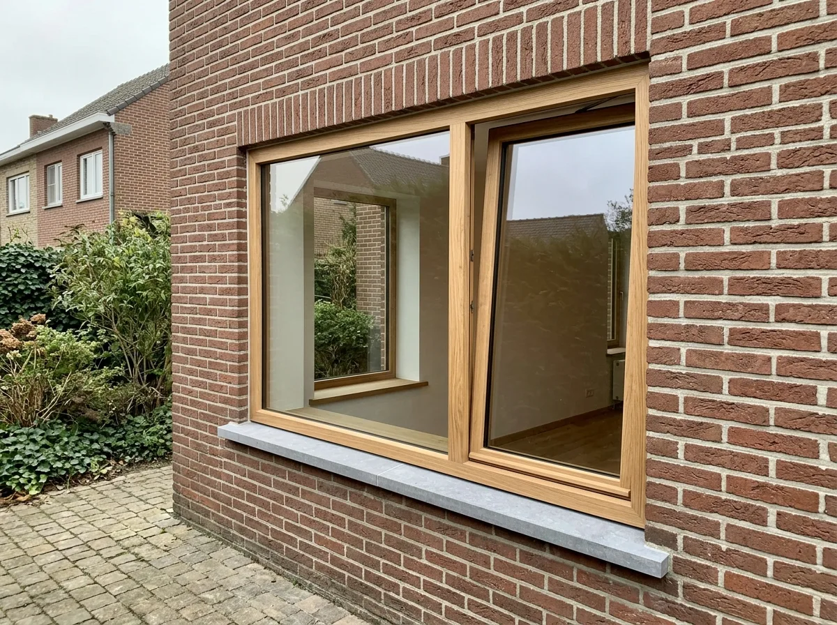 Houten ramen met witte buitenvensterbanken in bakstenen gevel
