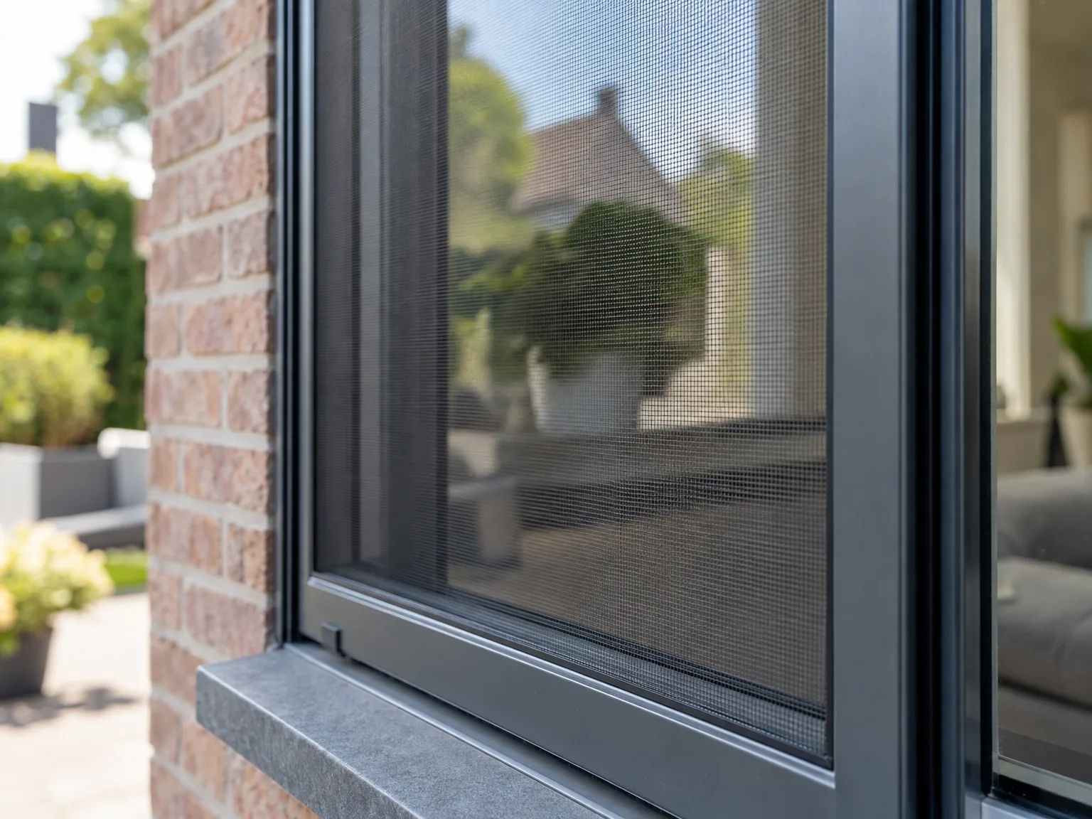 Grijze insectenhorra geplaatst in raam van bakstenen woning, met zwarte aluminium profielen en dorpel