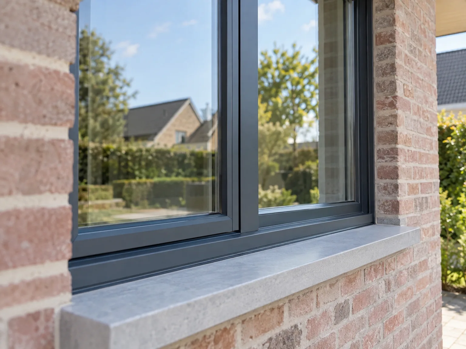 Aluminium ramen met donker profiel en stenen dorpel in bakstenen gevel, modern design
