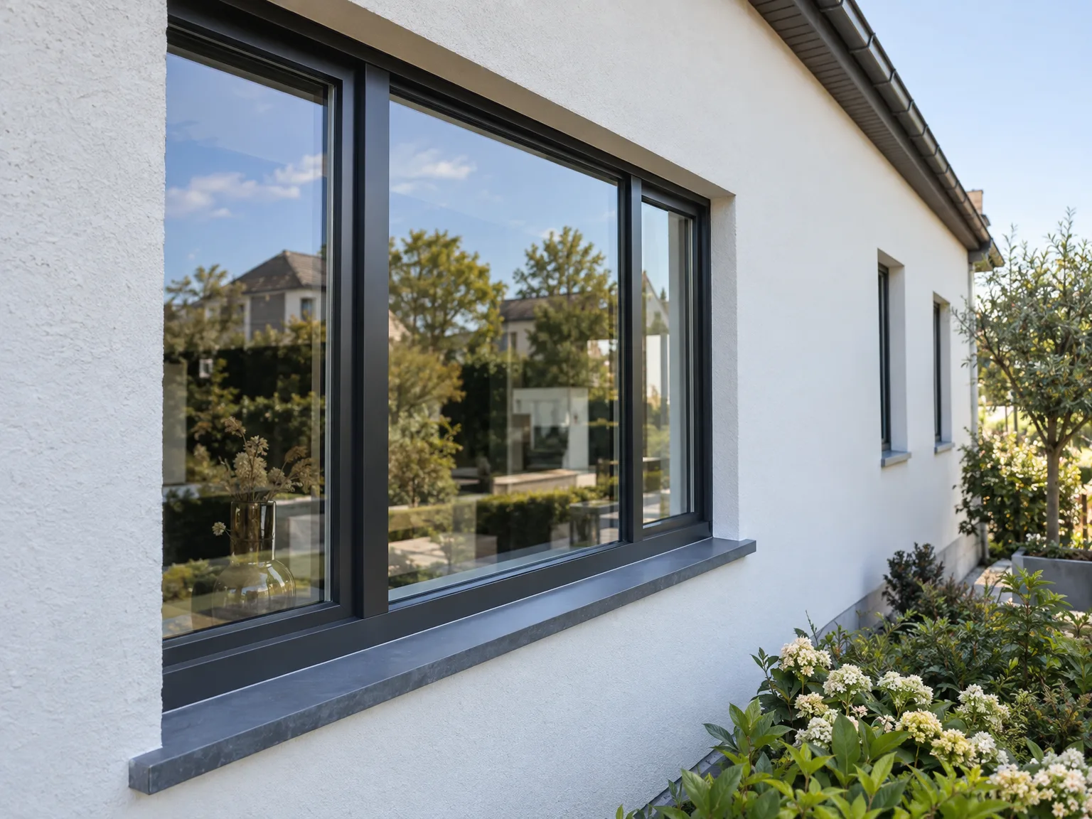 Grote aluminium schuiframen in zwart profiel met grijze buitenvensterbank