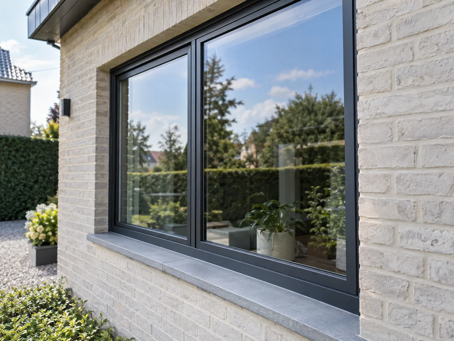 Duże aluminiowe ramen in zwart profiel met breed vensterbank, gemonteerd in modern baksteinen woning