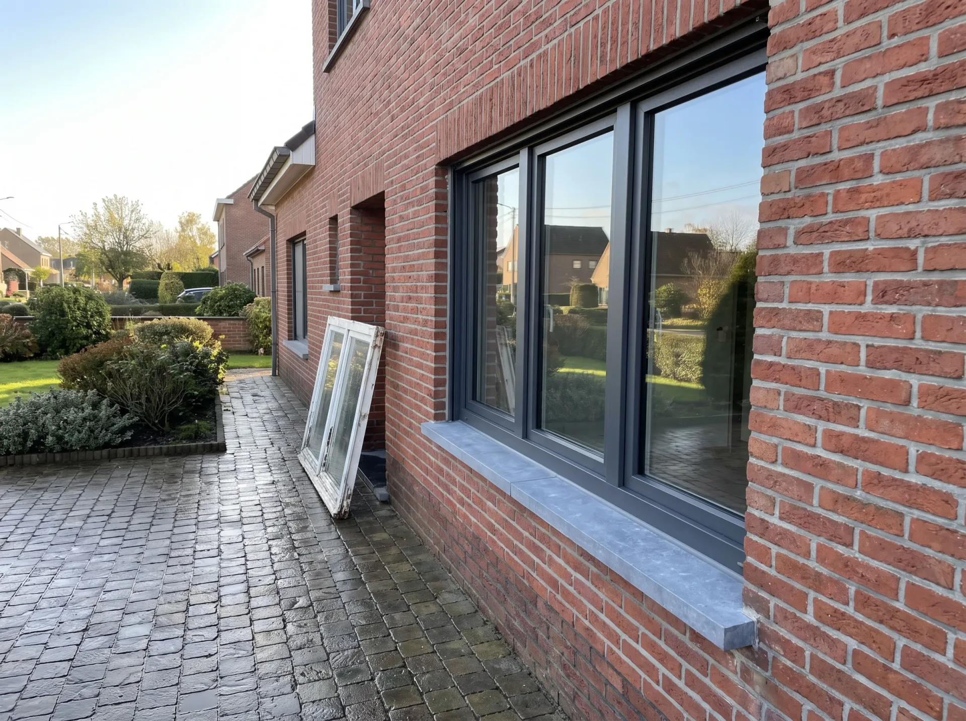 Aluminium hefschuifdeuren met dubbele beglazing en buitenvensterbank op bakstenen gevel