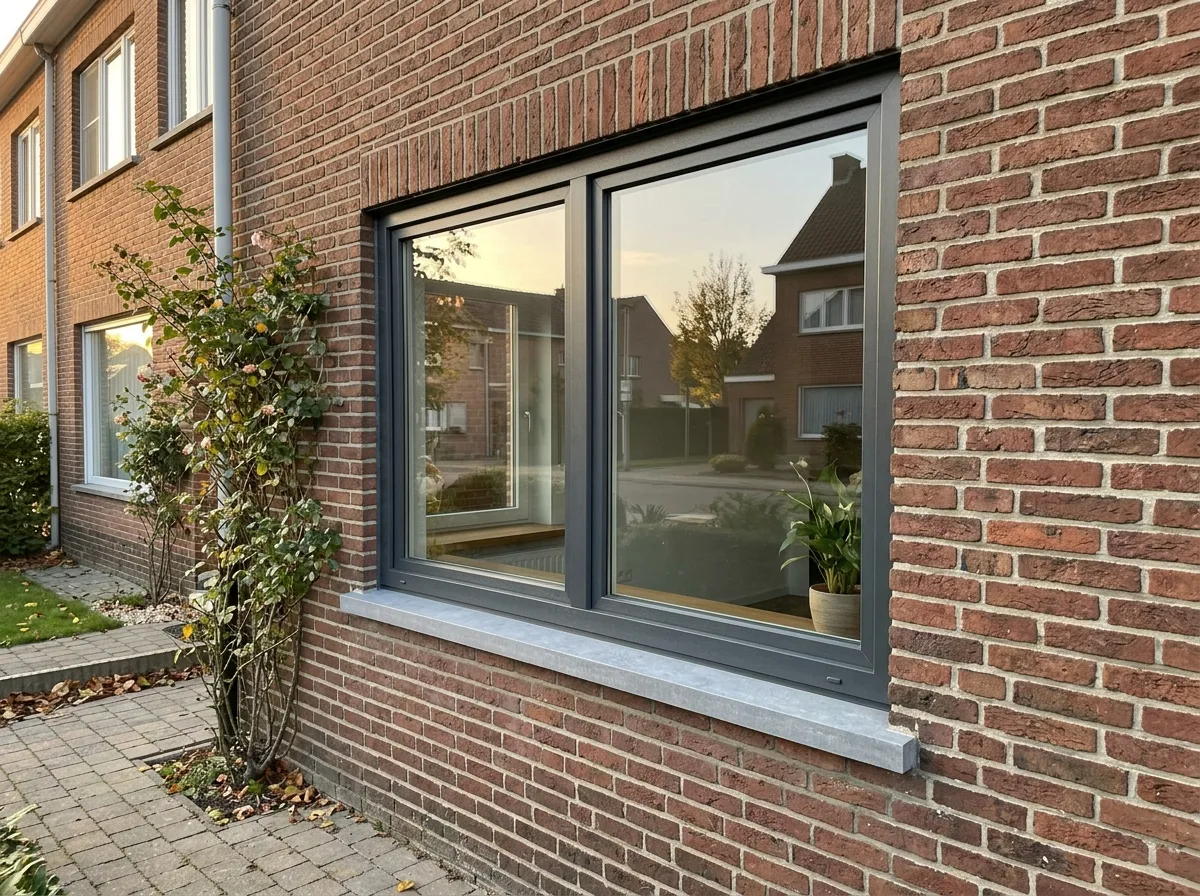 Groot schuifraam met zwart aluminium profiel, ingebouwd in rode baksteengevel