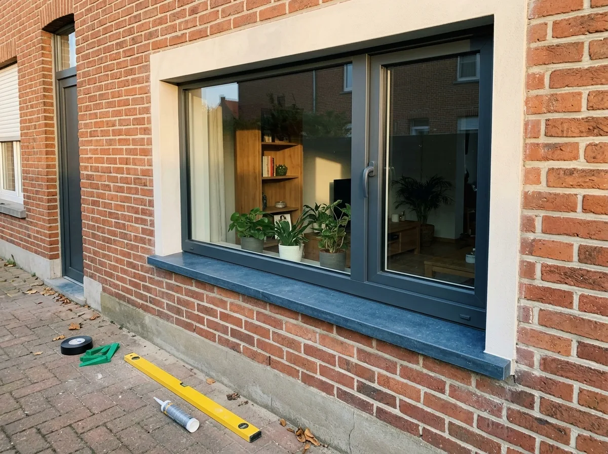 Grote aluminium schuiframen met zwarte profielen in rode bakstenen voorgevel
