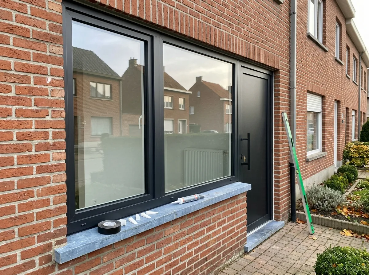 Zwarte aluminium ramen met granitische buitenvensterbank in bakstenen gevel