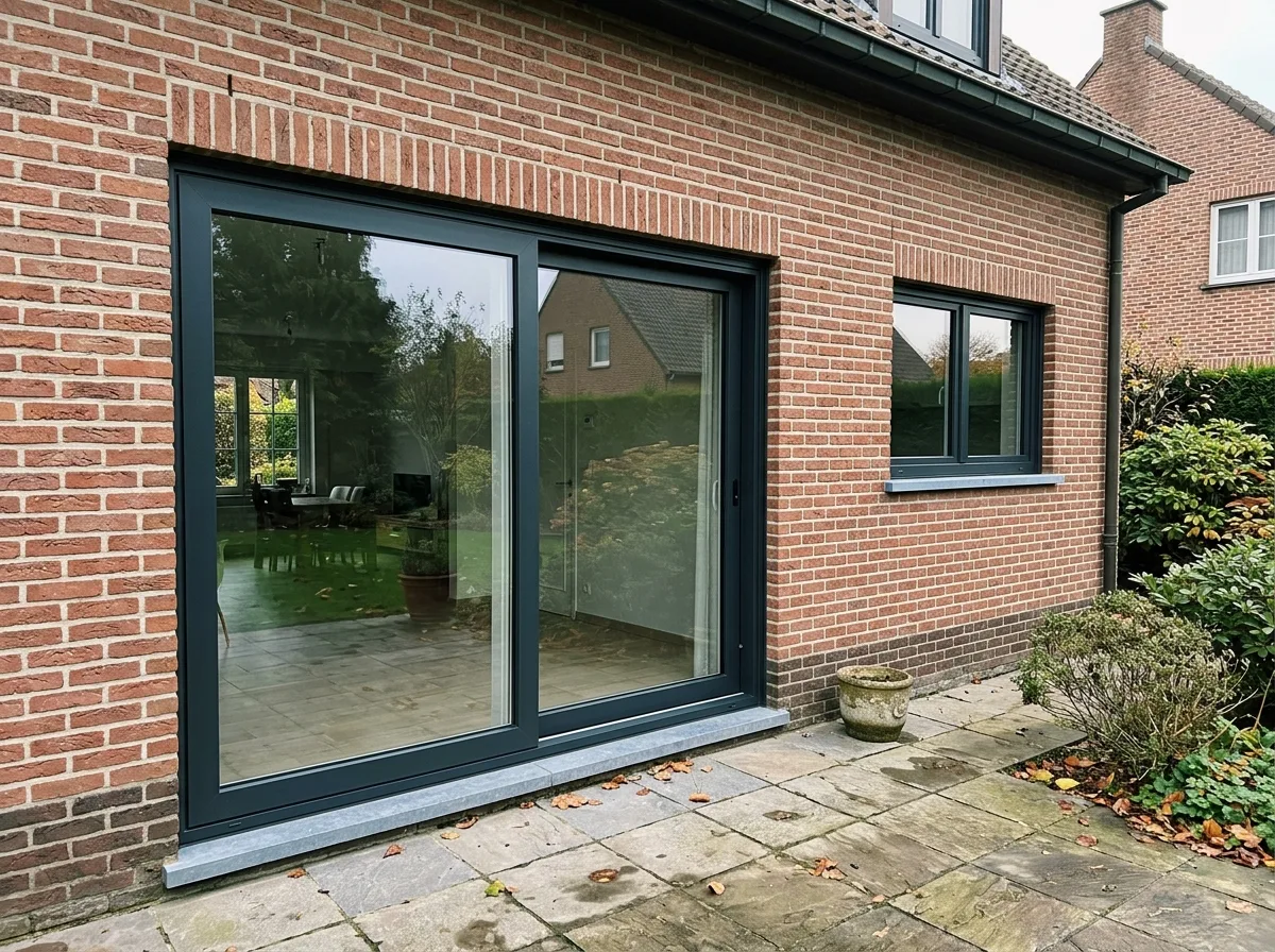 Schuiframen met dubbele beglazing in donker aluminium frame op bakstenen gevel