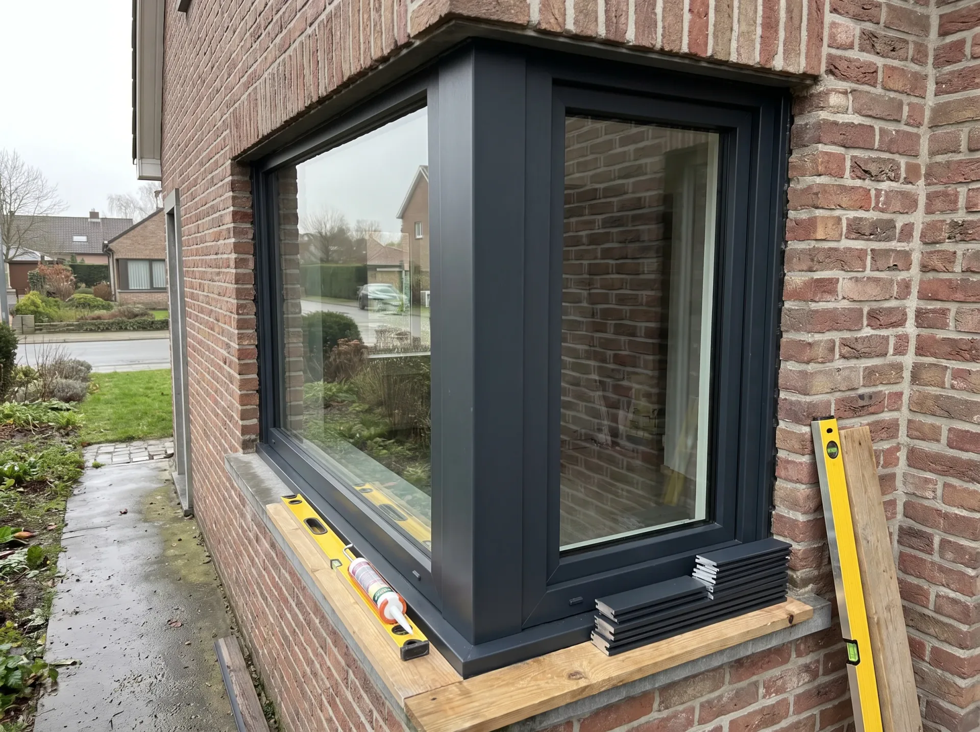 Groot aluminium schuifraam in zwart profiel, gemonteerd in bakstenen wand met beglazing