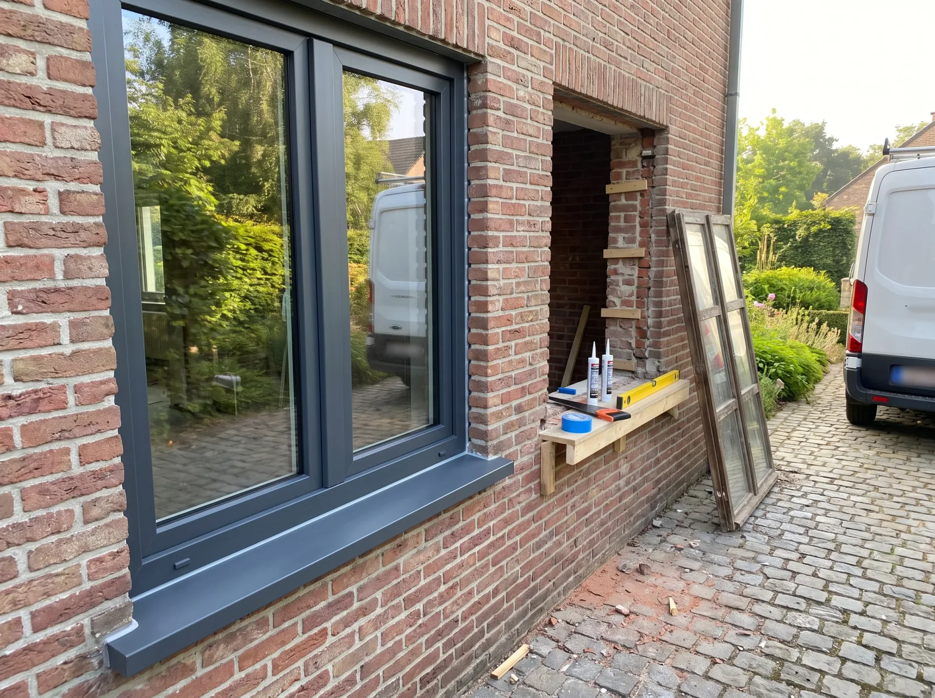 Plaatsing grote zwarte aluminium ramen in bakstenen woning