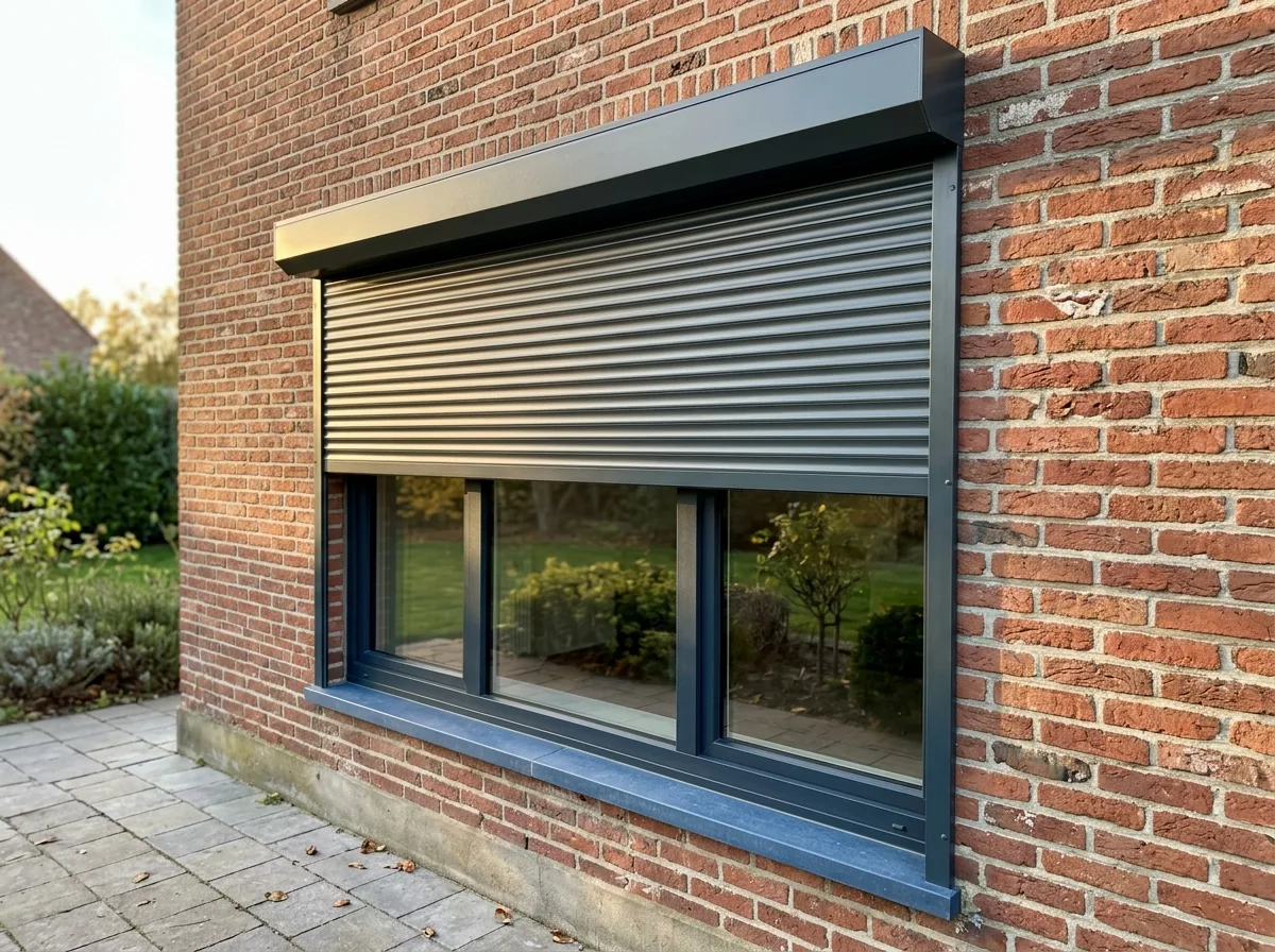 Aluminium ramen met beige rolluiken en blauwe dorpel op bakstenen gevel