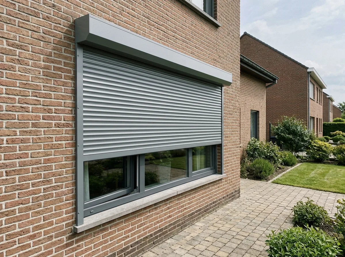 Moderne woning met grijze rolluiken en dubbele beglazing op rode baksteengevels