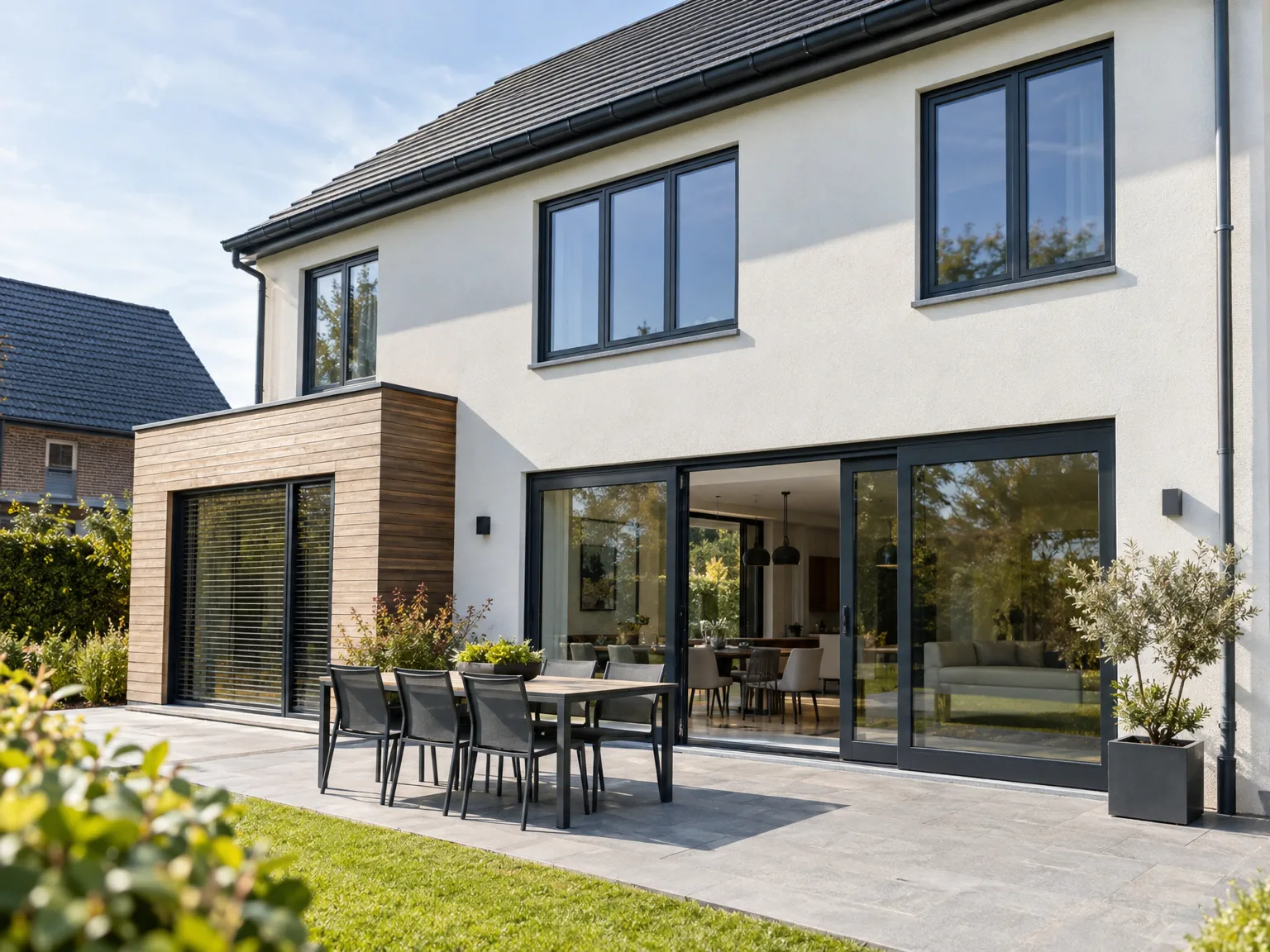 Schuiframen en Aluminium ramen met dubbele beglazing op modern terras